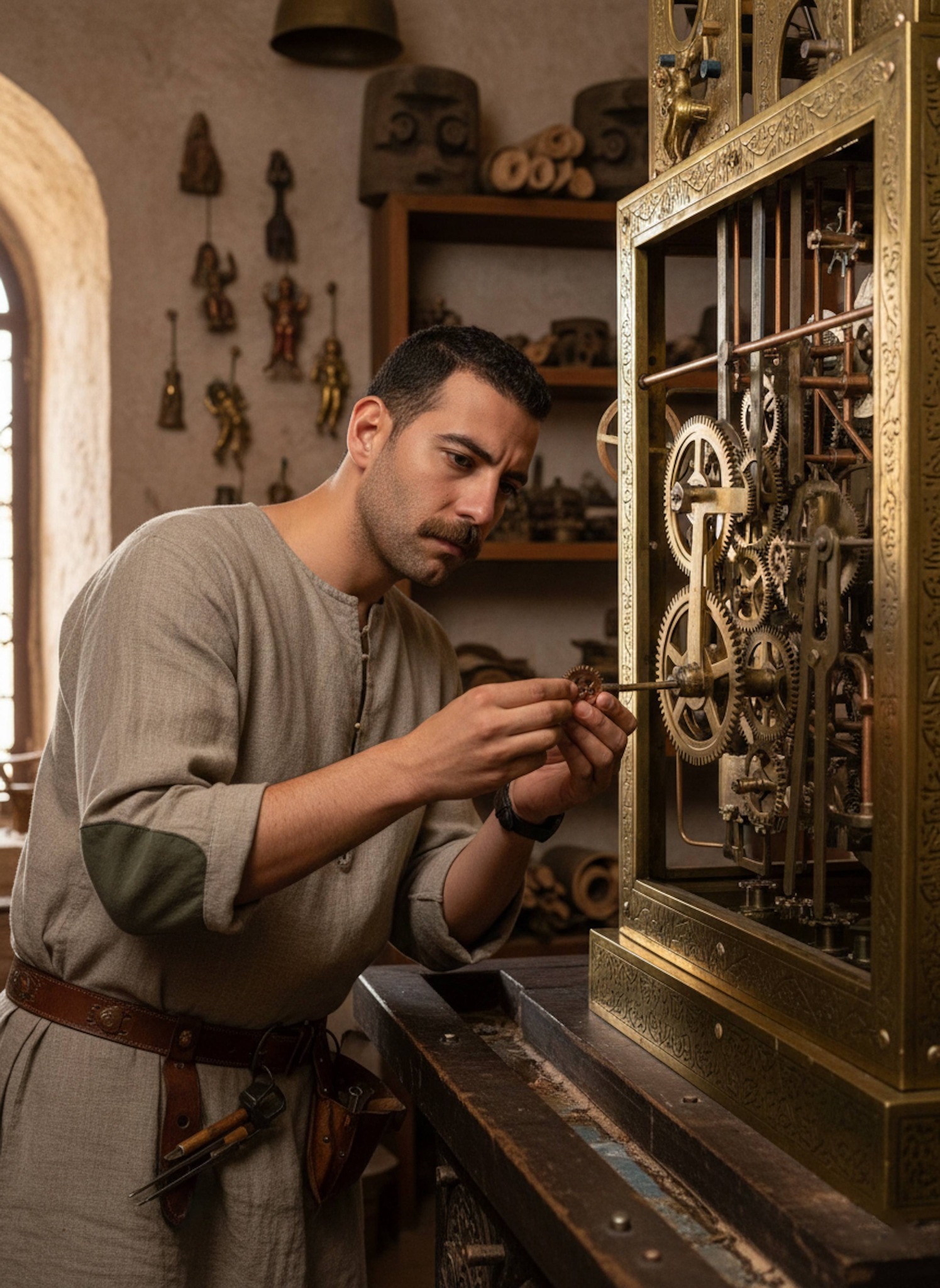 Historical portrait of Al-Jazari assembling an automaton in his Diyarbakir workshop with gears and tools