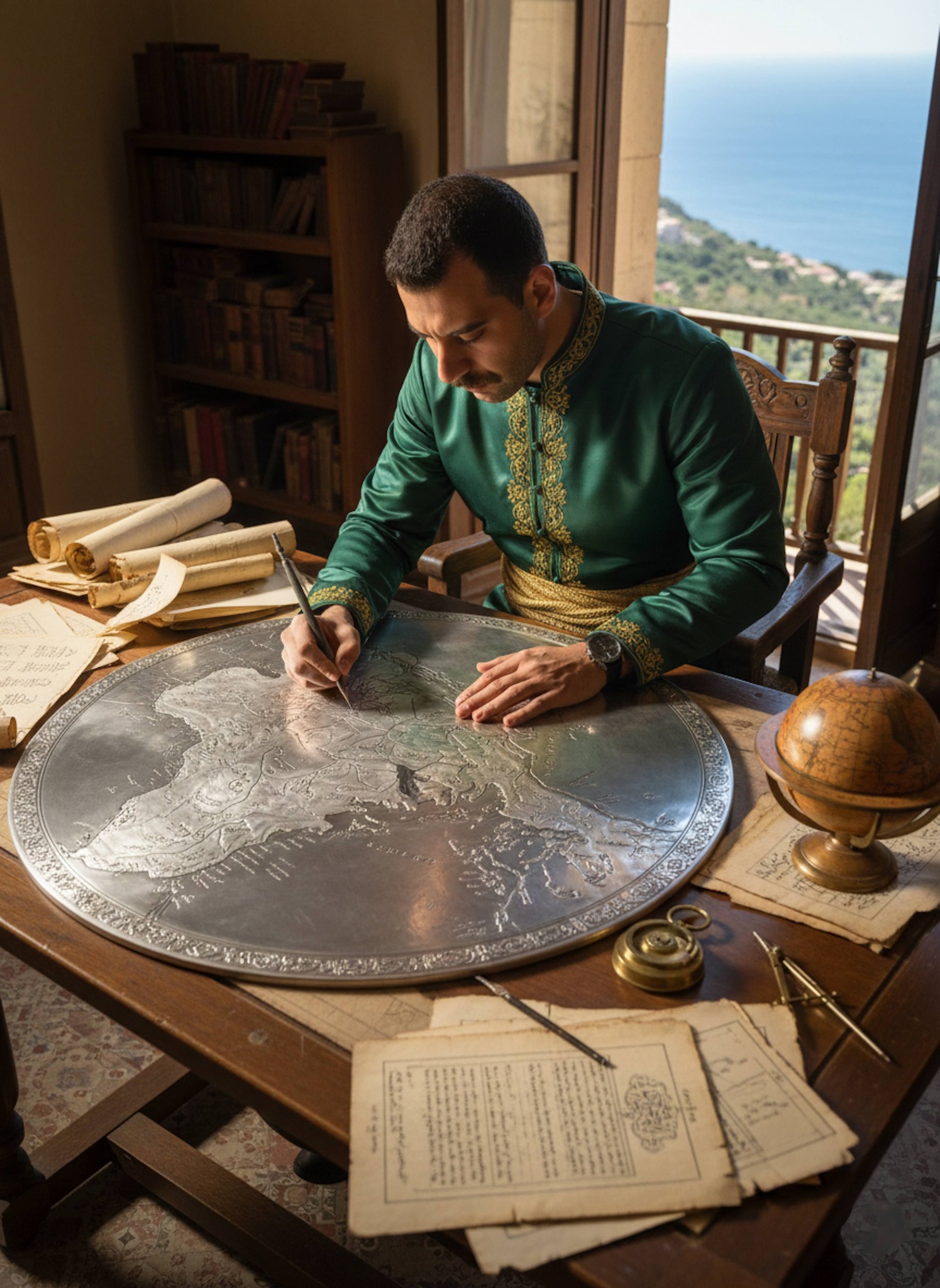 Historical portrait of Al-Idrisi presenting a world map to King Roger II in the Norman court of Palermo