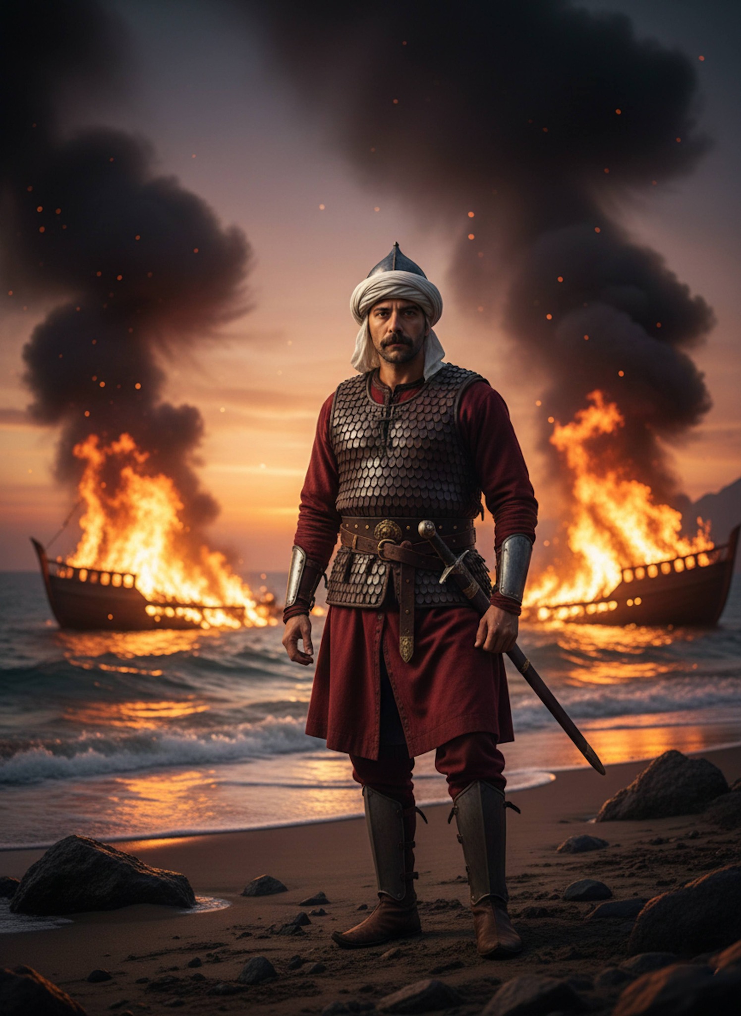 Historical portrait of Ahmad ibn Majid standing at the helm of a dhow sailing across the Arabian Sea