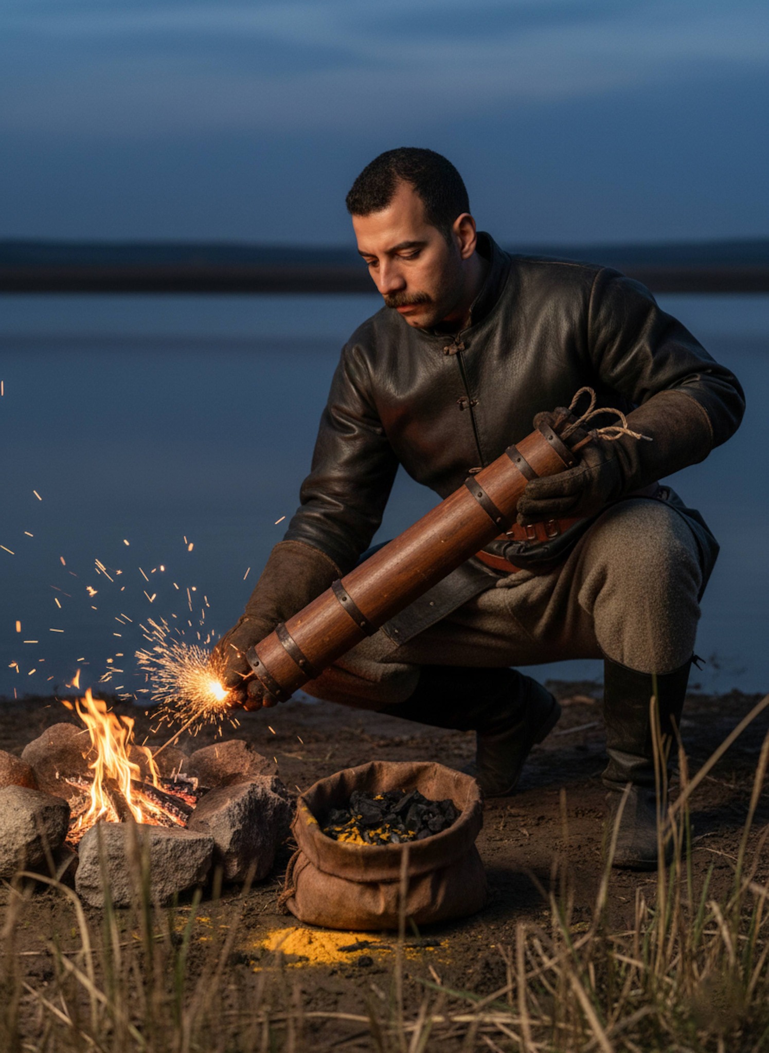 Historical portrait of al-Razi conducting experiments in a medieval laboratory with glass vessels and manuscripts