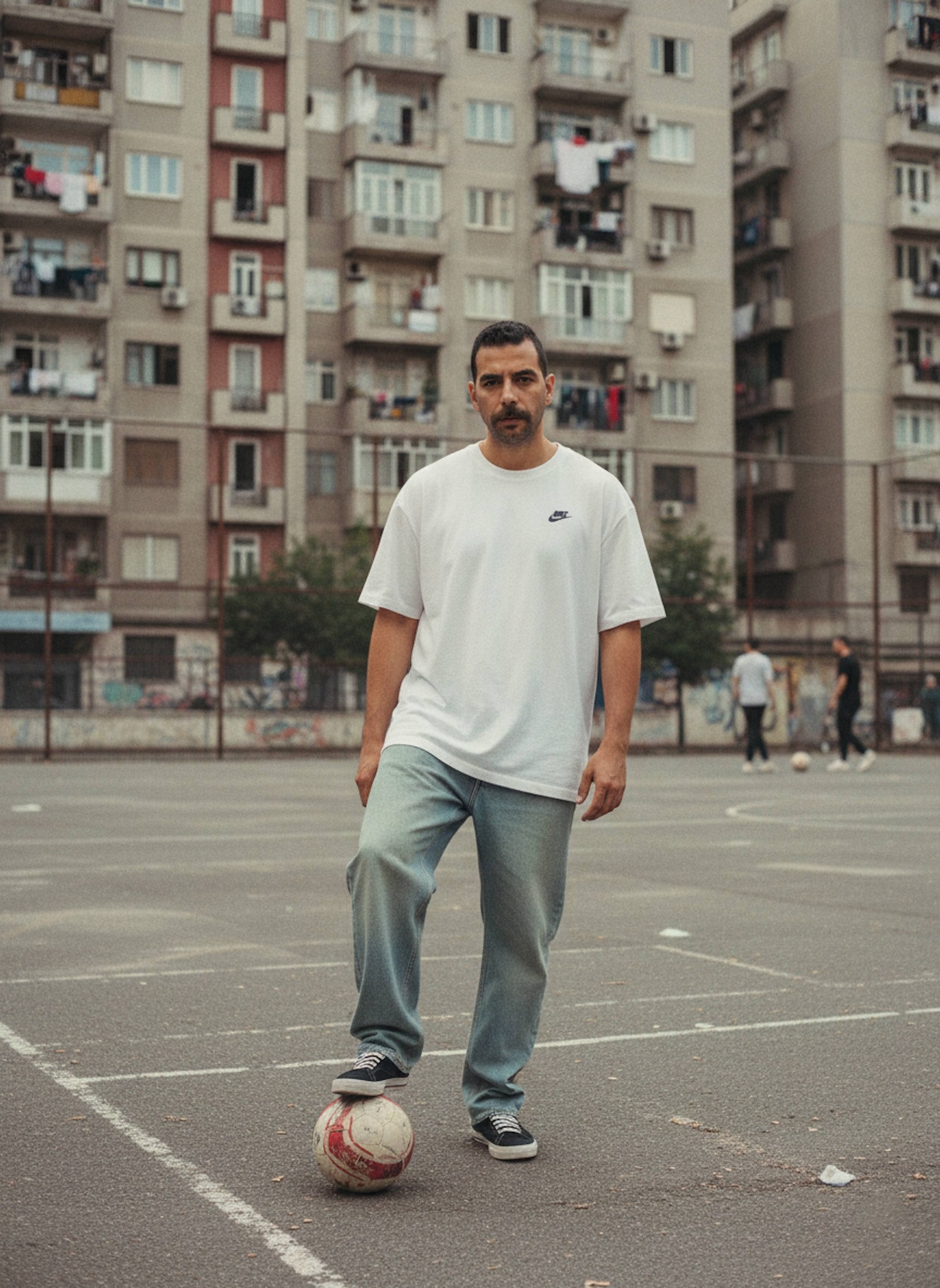 Person standing on an old urban football court with worn lines and chain-link fences in cinematic gritty film style