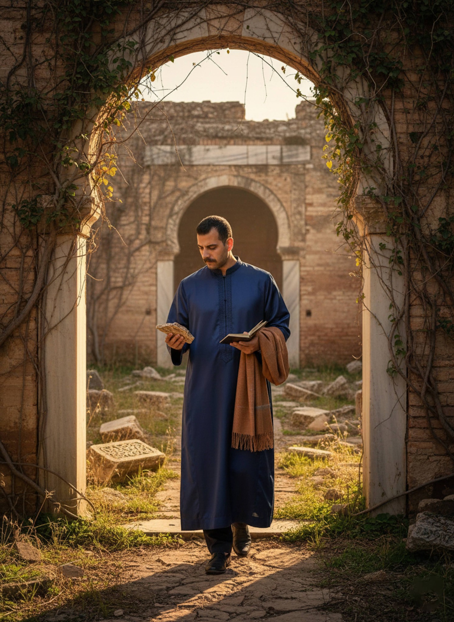 Historical portrait of Ibn Tufayl writing in the lush gardens of the Almohad court in Marrakesh