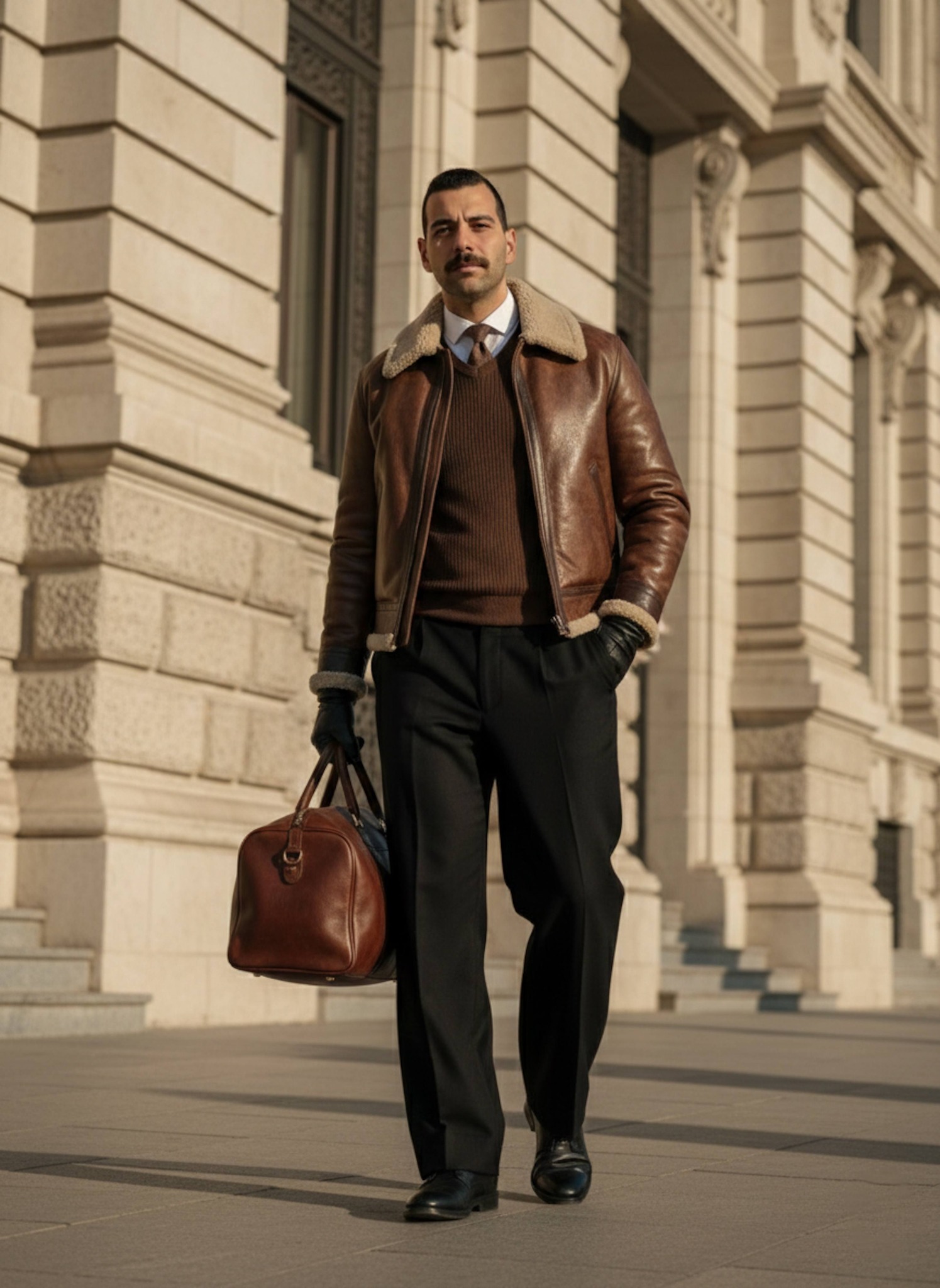 Low-angle portrait of a person in a vintage leather aviator jacket against a limestone neoclassical building