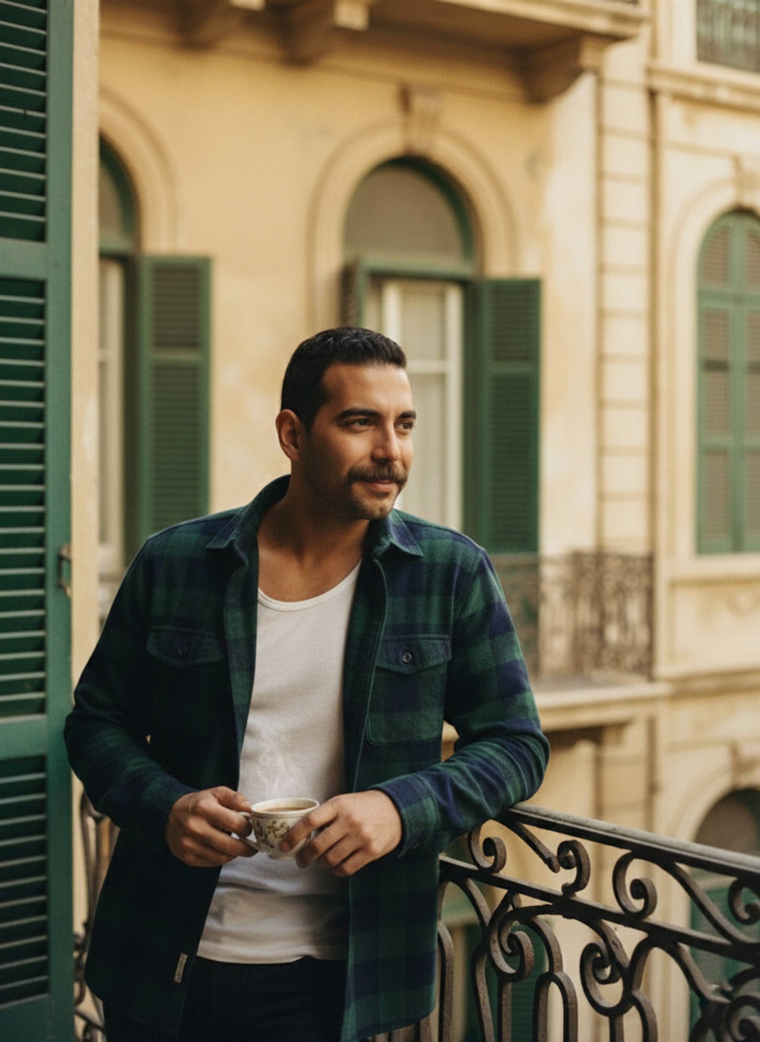 Golden hour portrait on a vintage wrought-iron balcony overlooking Alexandria streets wearing a flannel shirt