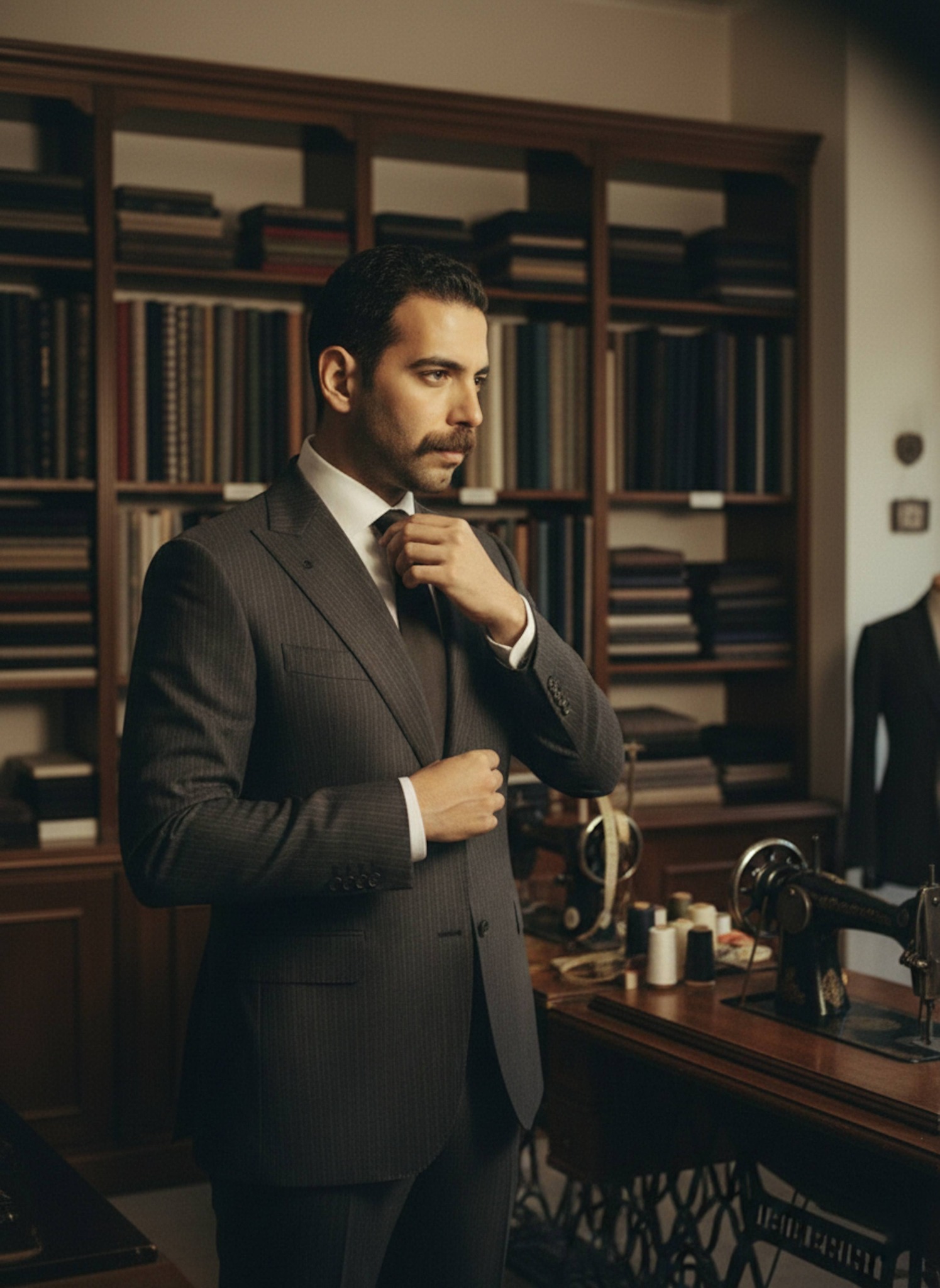 Sophisticated portrait inside an old Alexandrian tailor shop with bespoke suit fabric rolls and vintage sewing machines