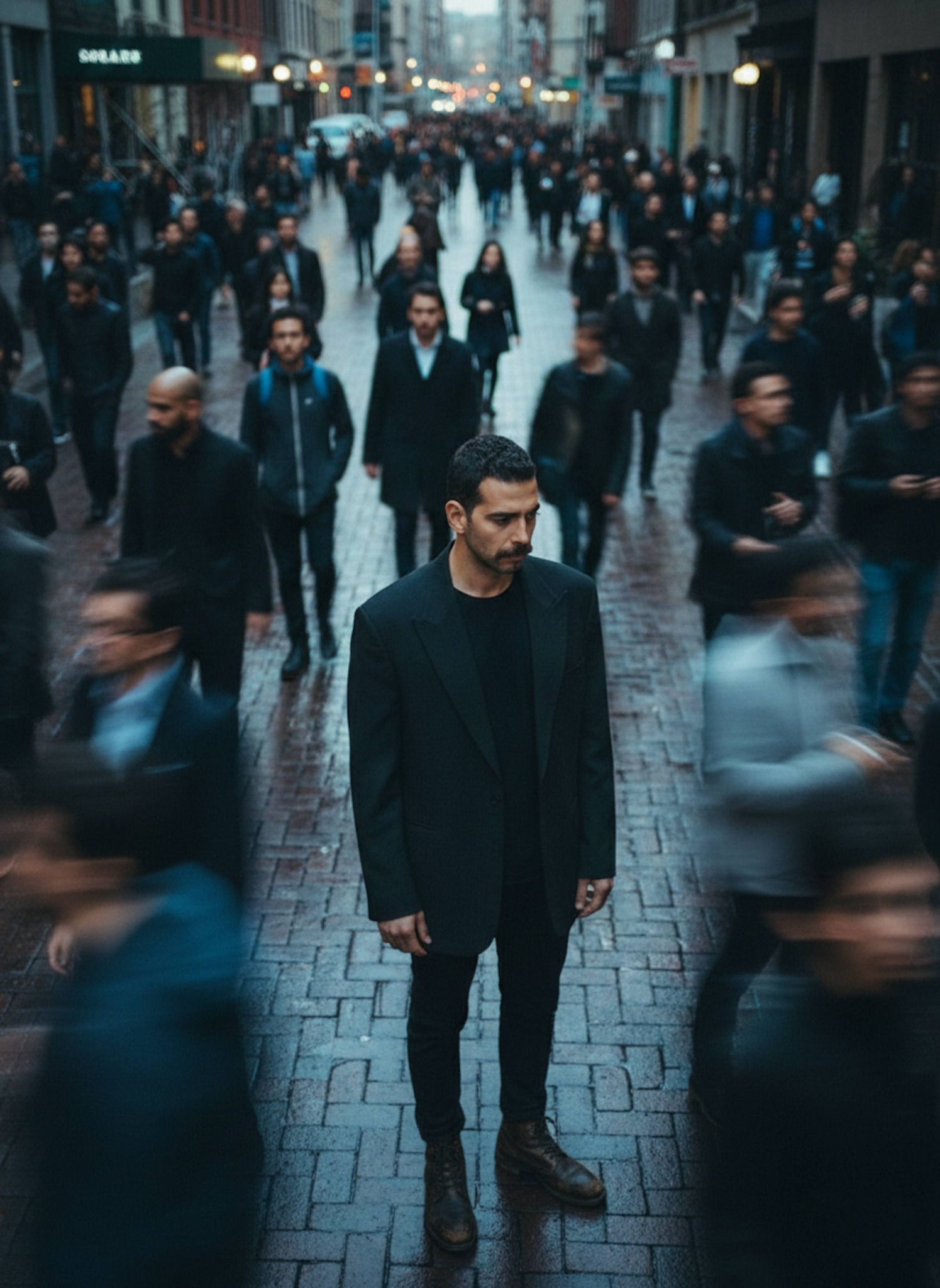 Overhead cinematic portrait of a person standing still on a brick sidewalk with motion-blurred crowd rushing past