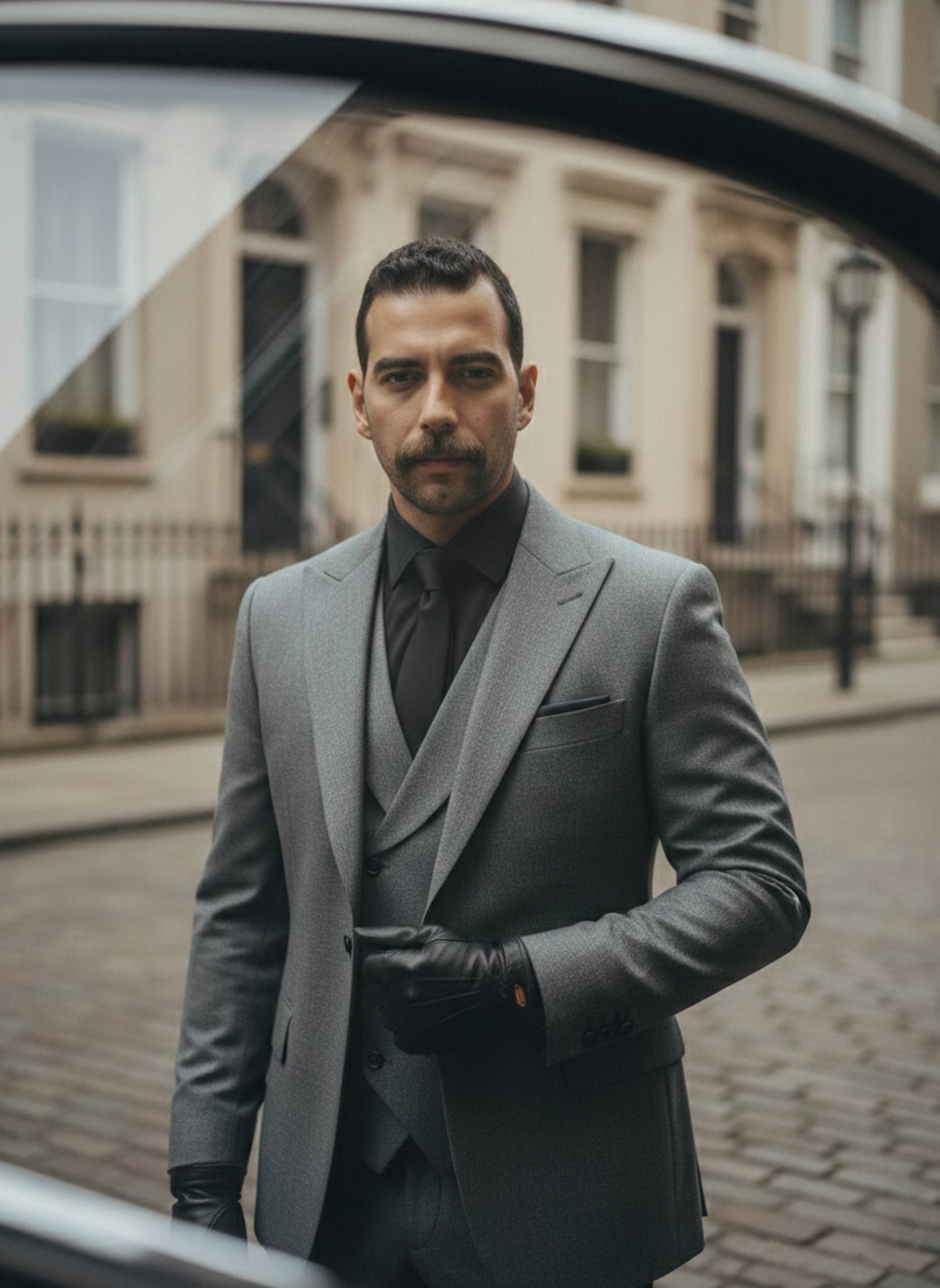 Cinematic portrait of a person in a gray suit on a townhouse street framed through a vintage car windshield