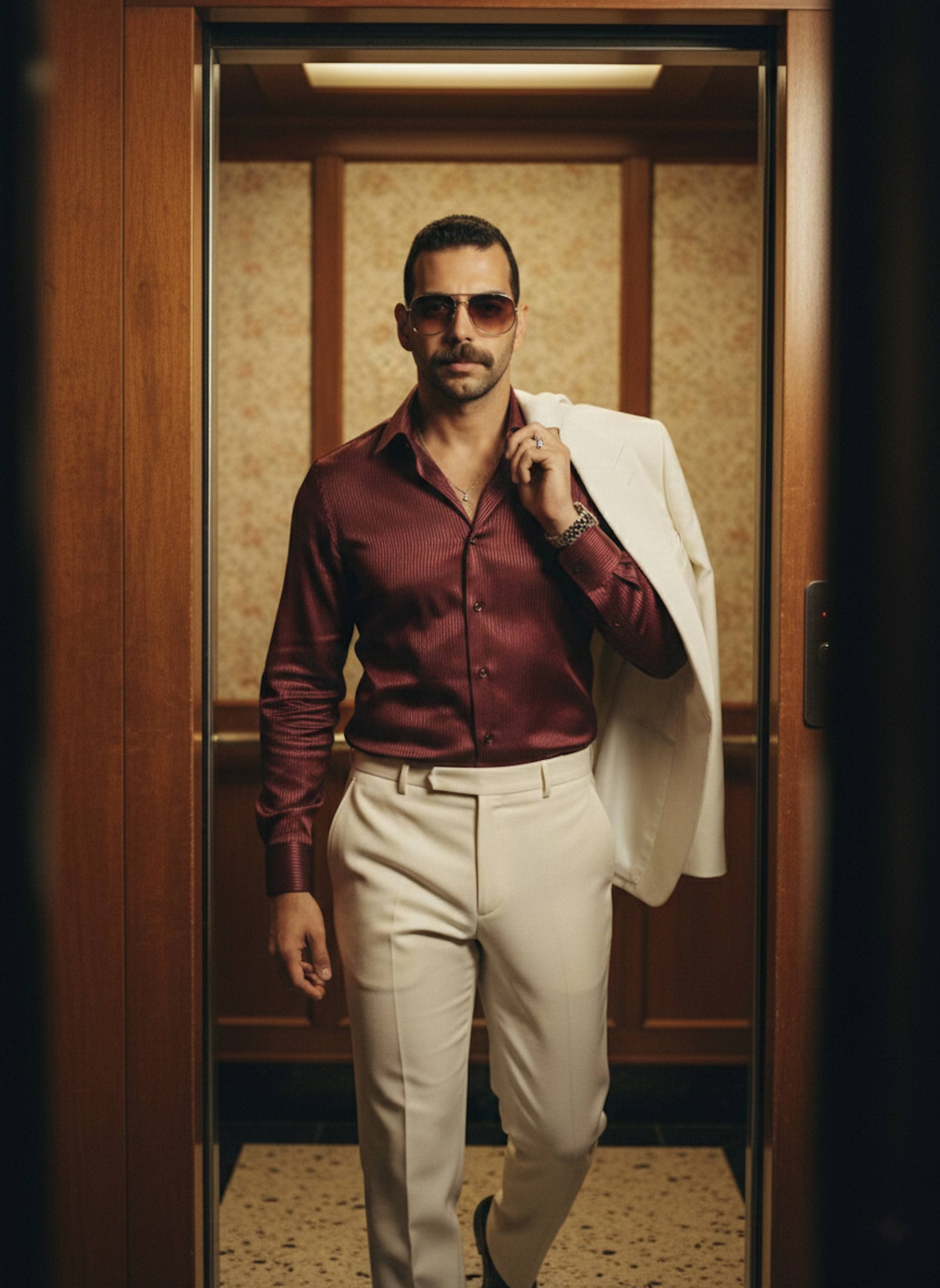 Elegant portrait of a person stepping through a vintage wood-framed elevator doorway in a burgundy pinstriped shirt