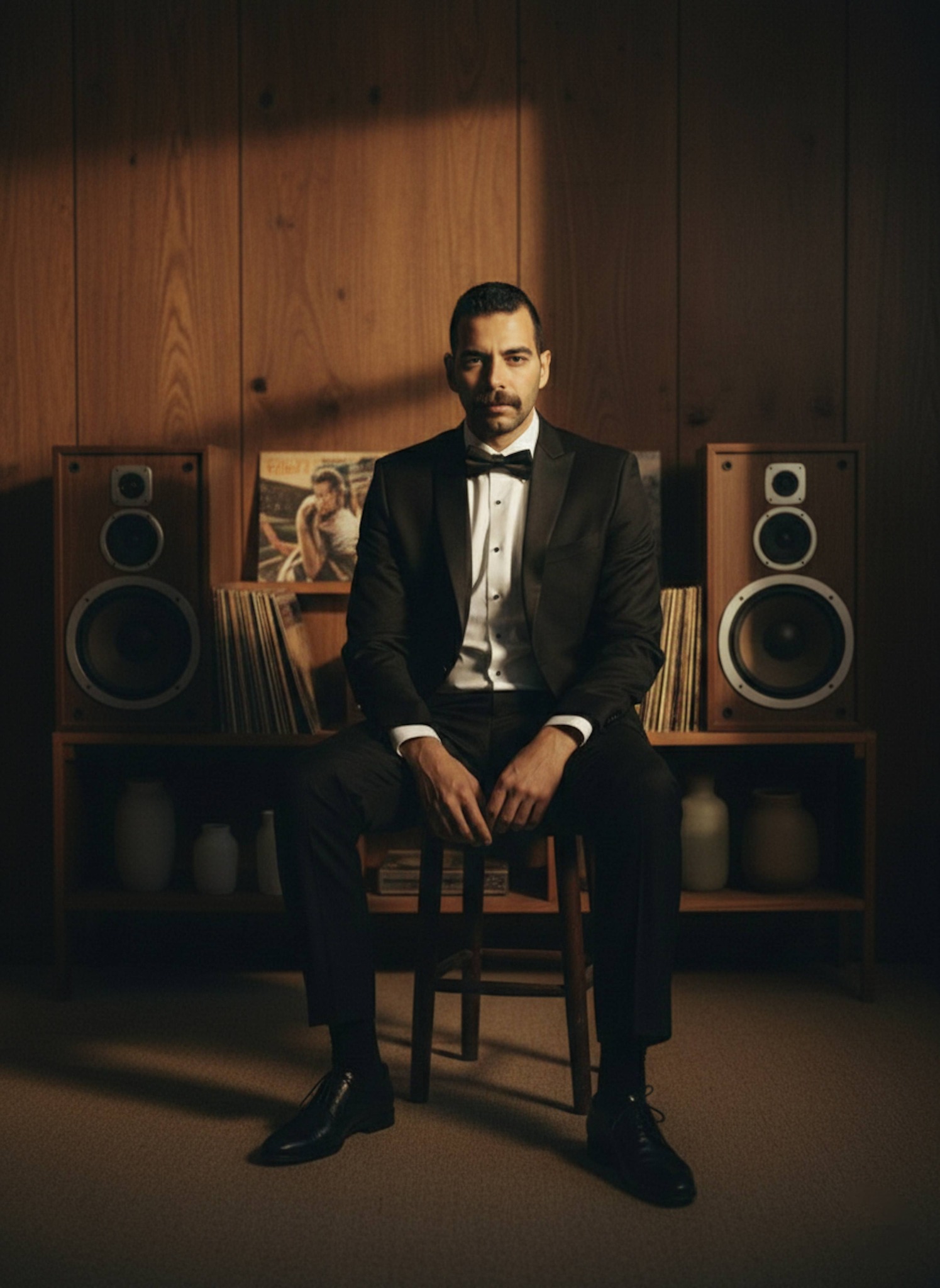 Moody portrait of a person on a wooden stool in a vintage living room with warm tungsten lighting and vinyl records