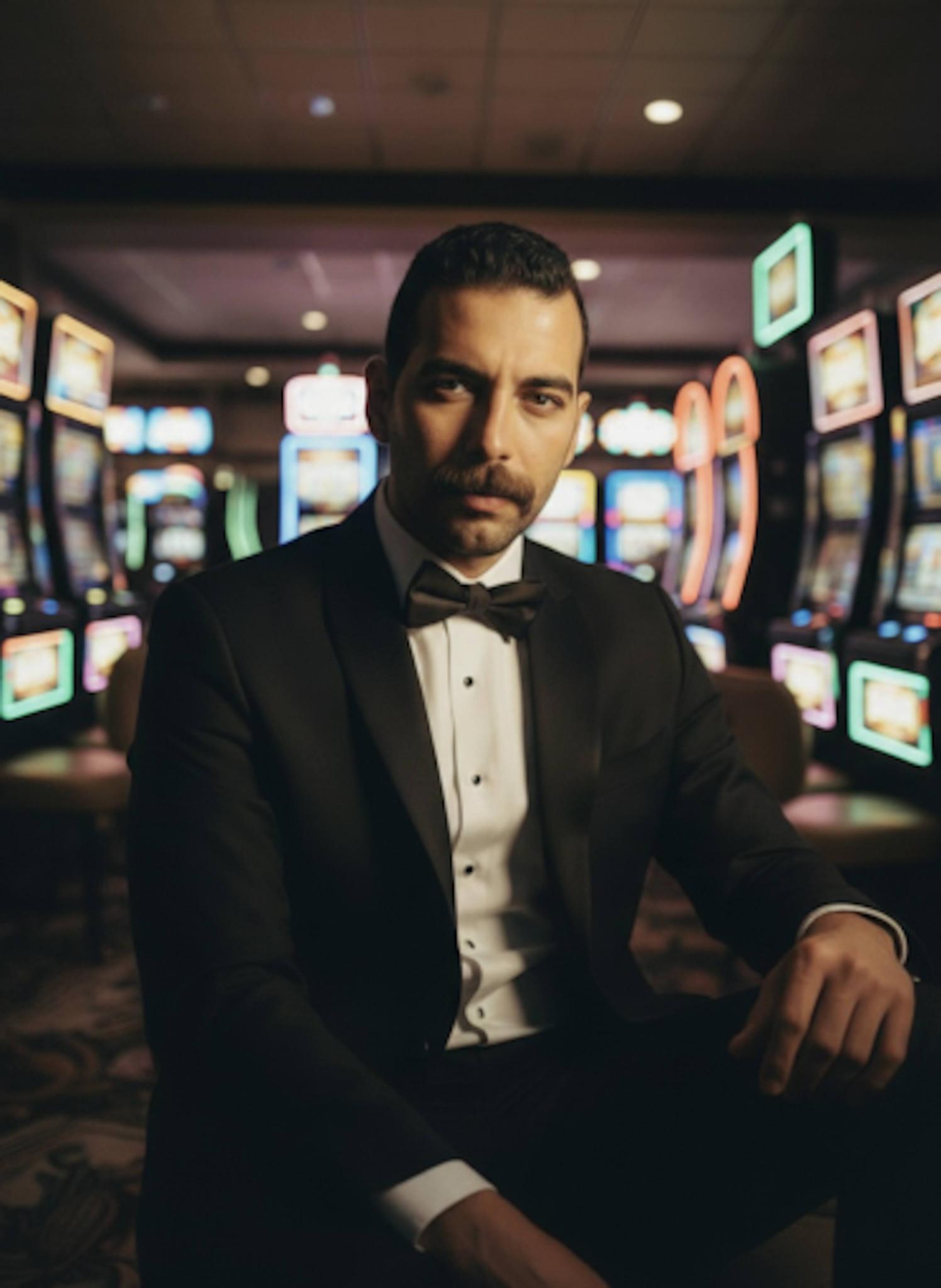 Ultra-realistic portrait in a dimly lit casino with colorful neon slot machines glowing in the background