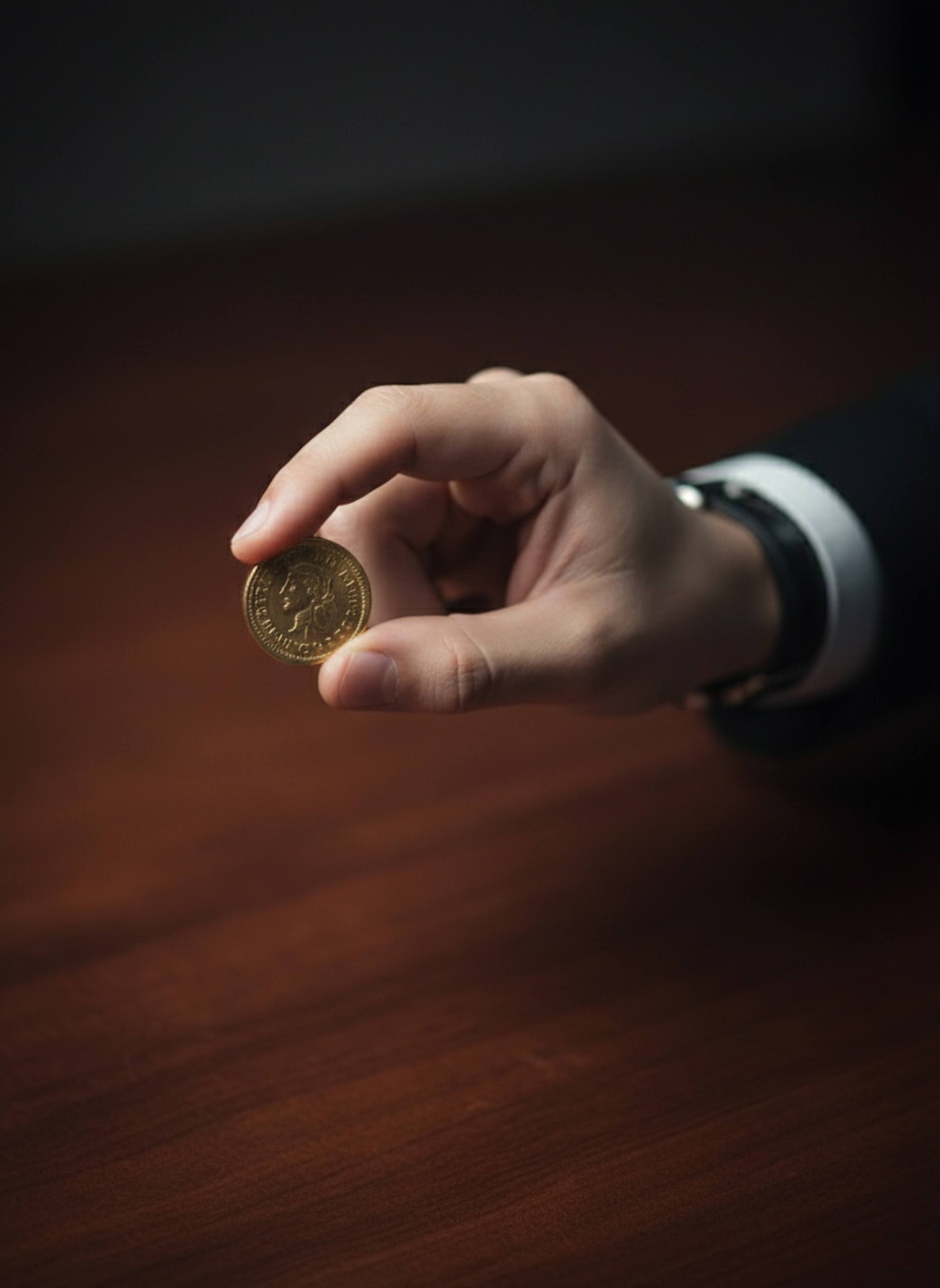 Elegant close-up of a hand holding a vintage gold coin with black suit cuff and watch against a mahogany desk
