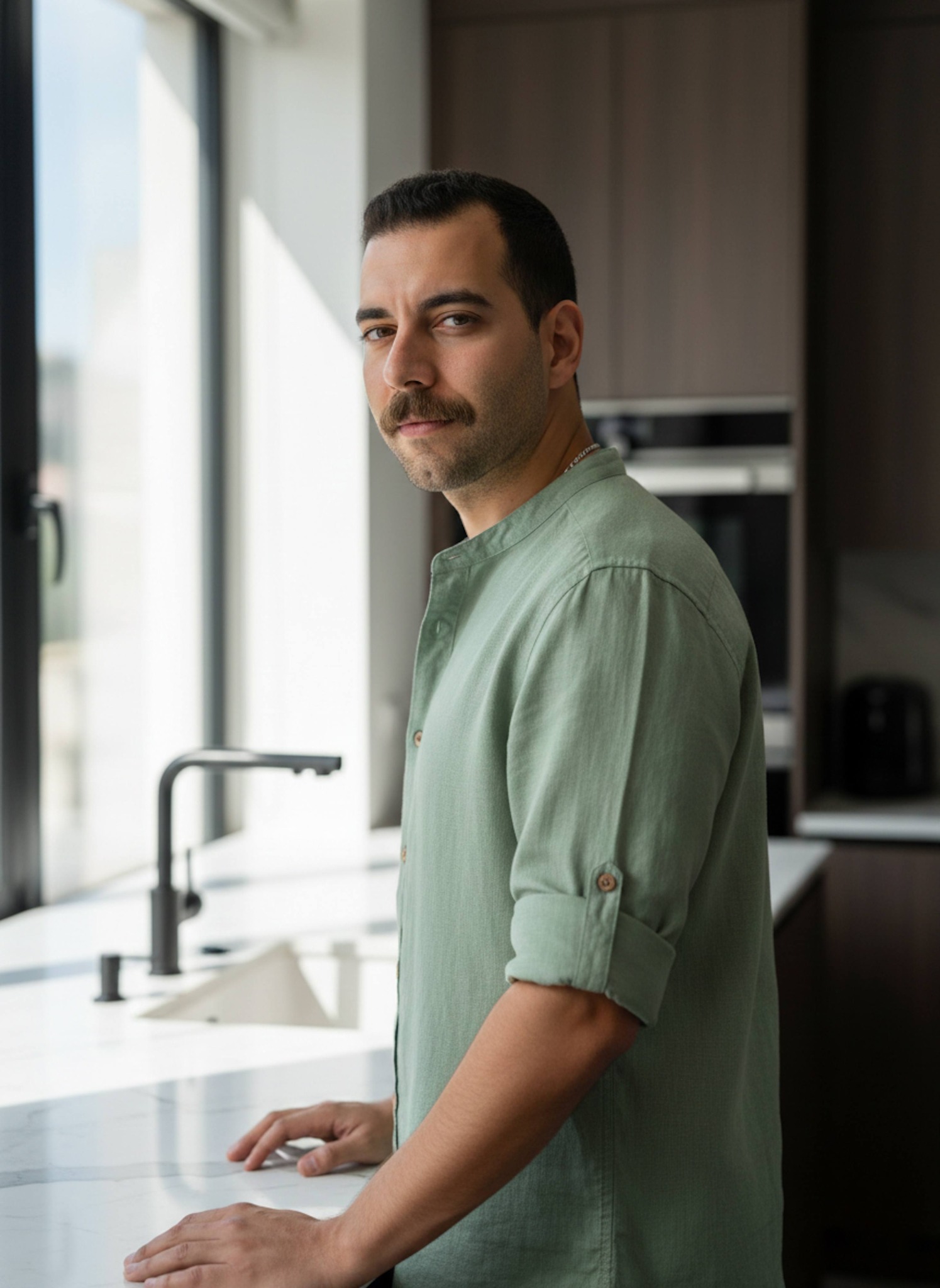 Person in a close-up portrait in a modern kitchen with marble countertops and warm natural window light