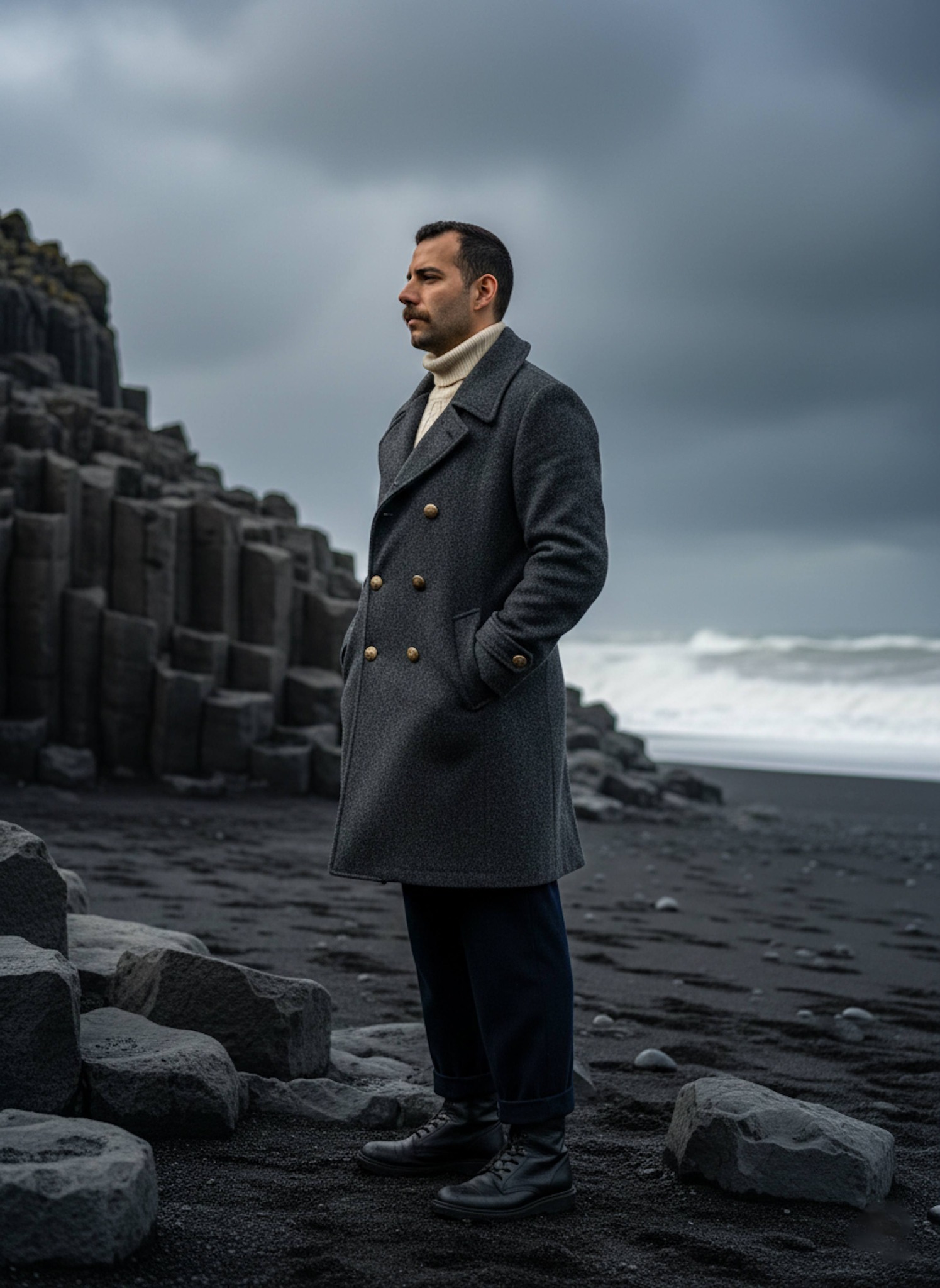 Dramatic portrait of a person standing among jagged basalt columns at Reynisfjara Iceland in storm light