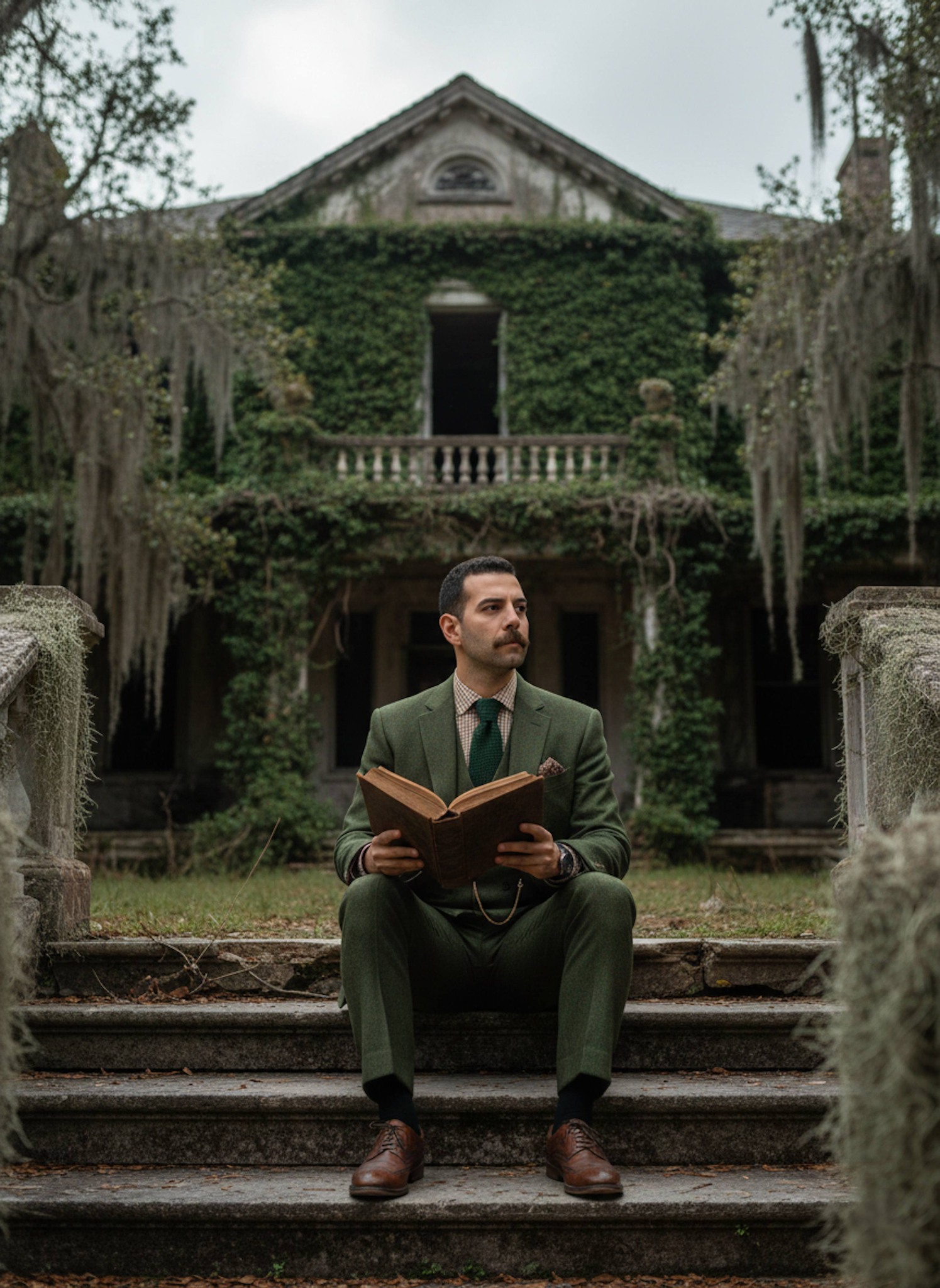 Gothic portrait of a person in a moss green tweed suit at an abandoned colonial mansion with ivy and Spanish moss