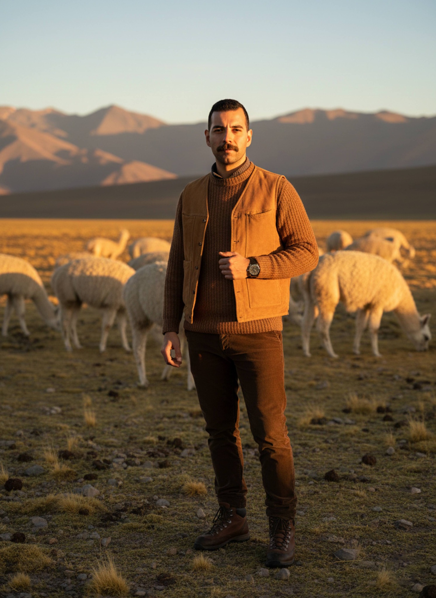 Golden hour portrait on an Andes plateau with wild alpacas wearing a brown alpaca wool sweater and suede vest