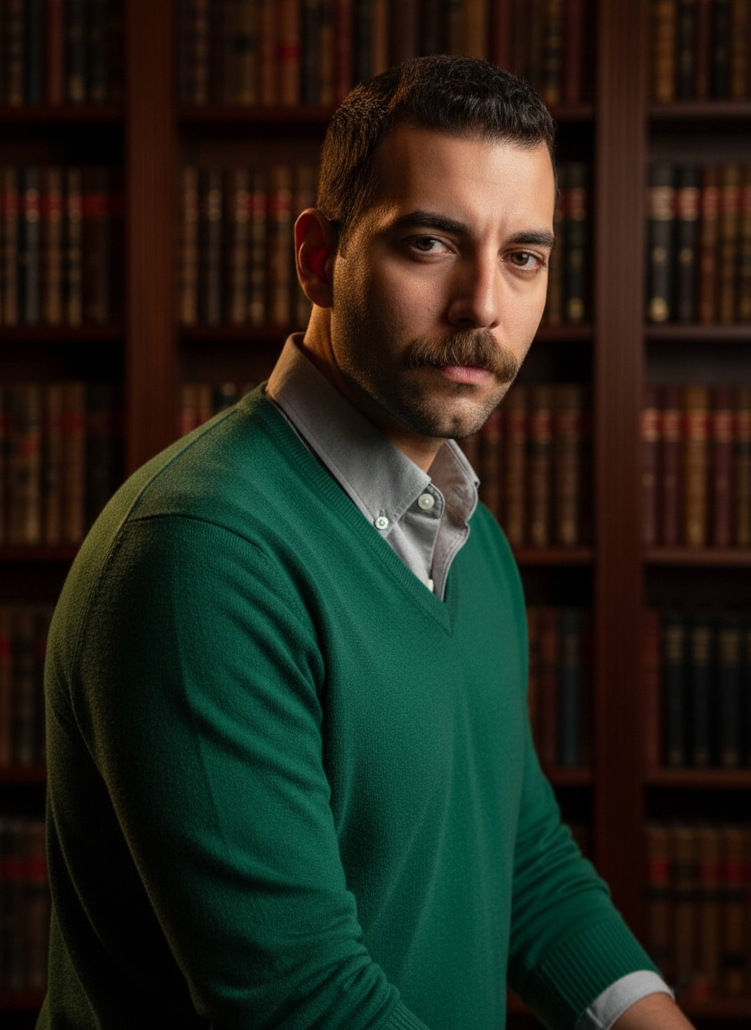 Profile portrait of a person in an emerald green suit in a vintage library with mahogany bookshelves