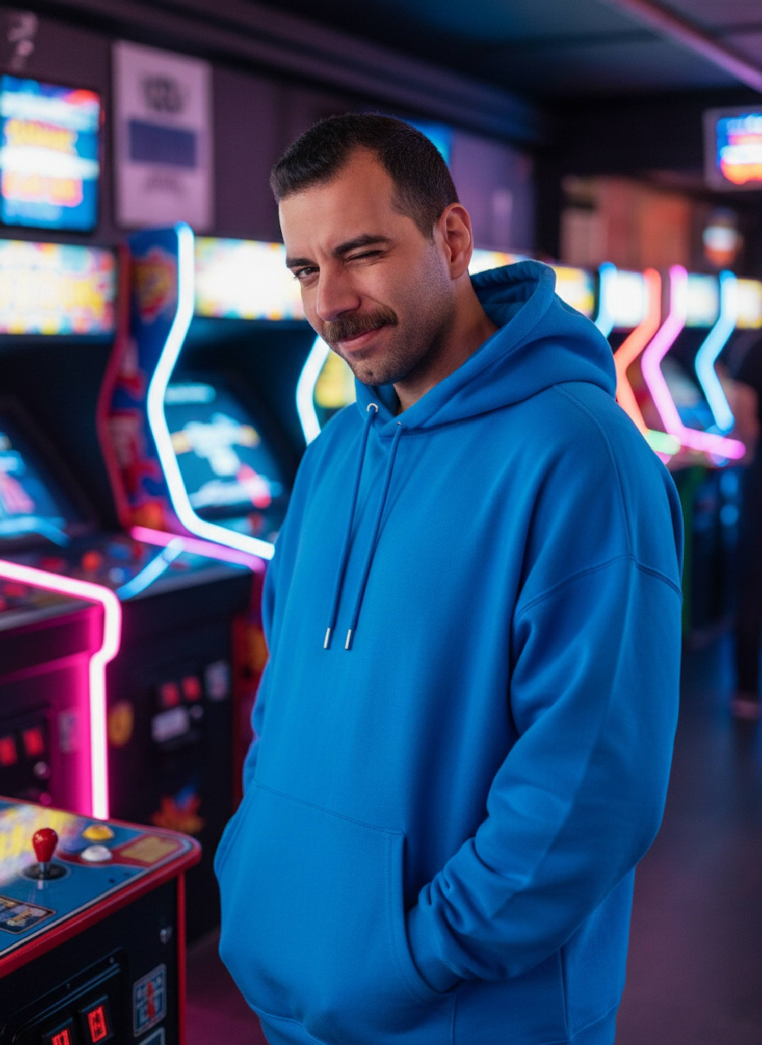 Playful portrait of a person in an oversized hoodie surrounded by neon-lit retro arcade game machines