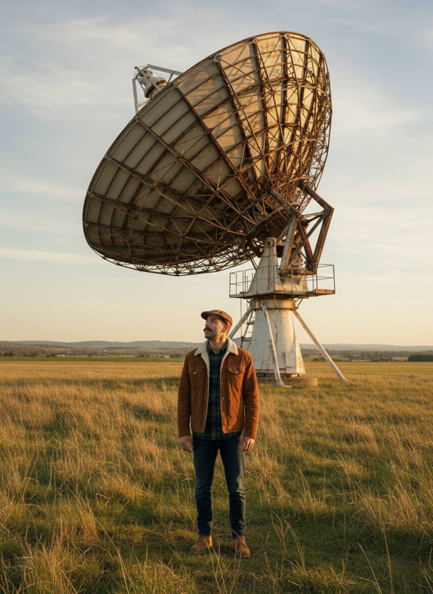 Portrait of a person in a corduroy jacket standing before a massive abandoned satellite dish in rural France