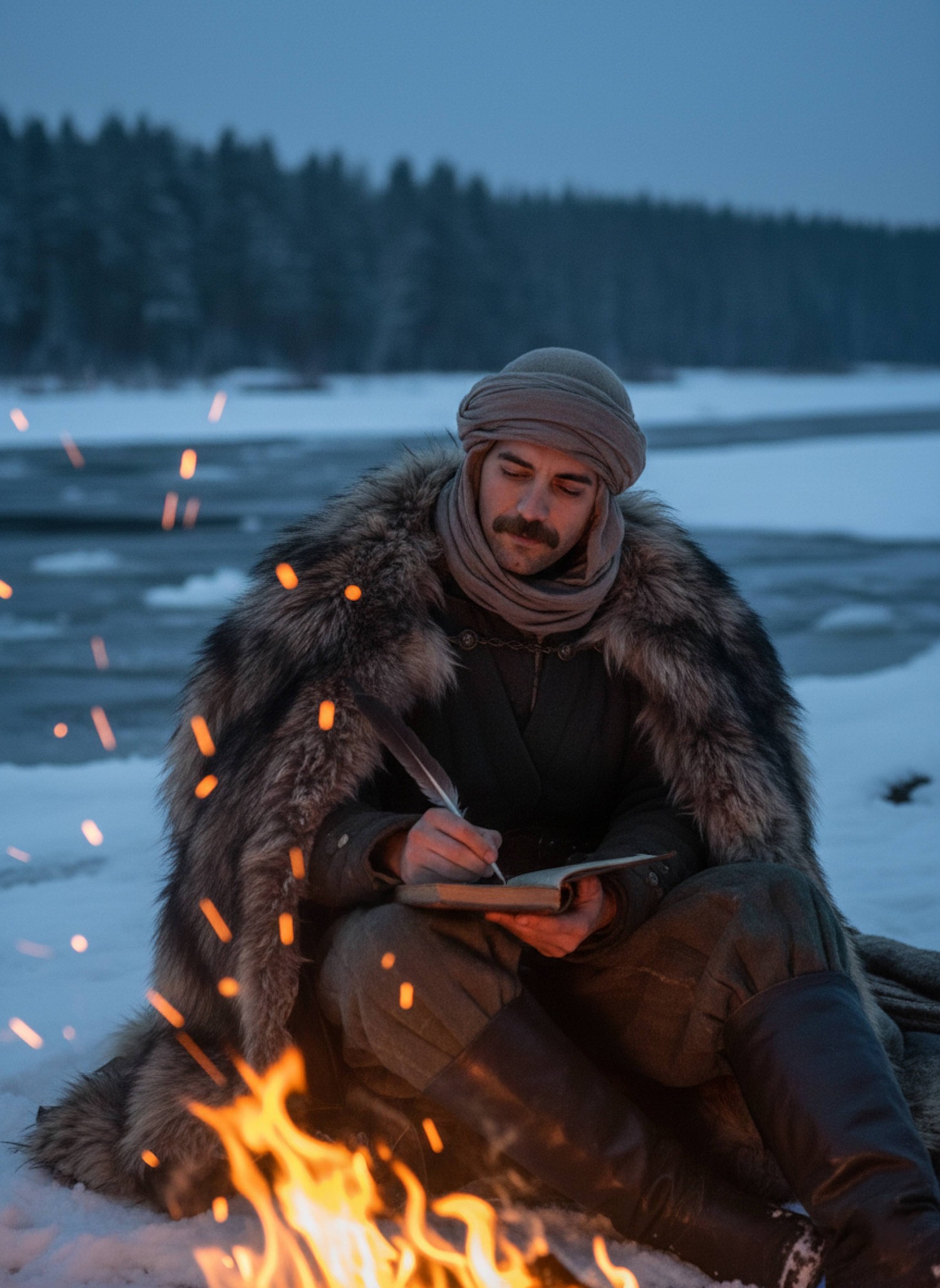 Historical portrait of a scholar writing chronicles in a Mosul scriptorium with candlelight as Mongol invasion nears
