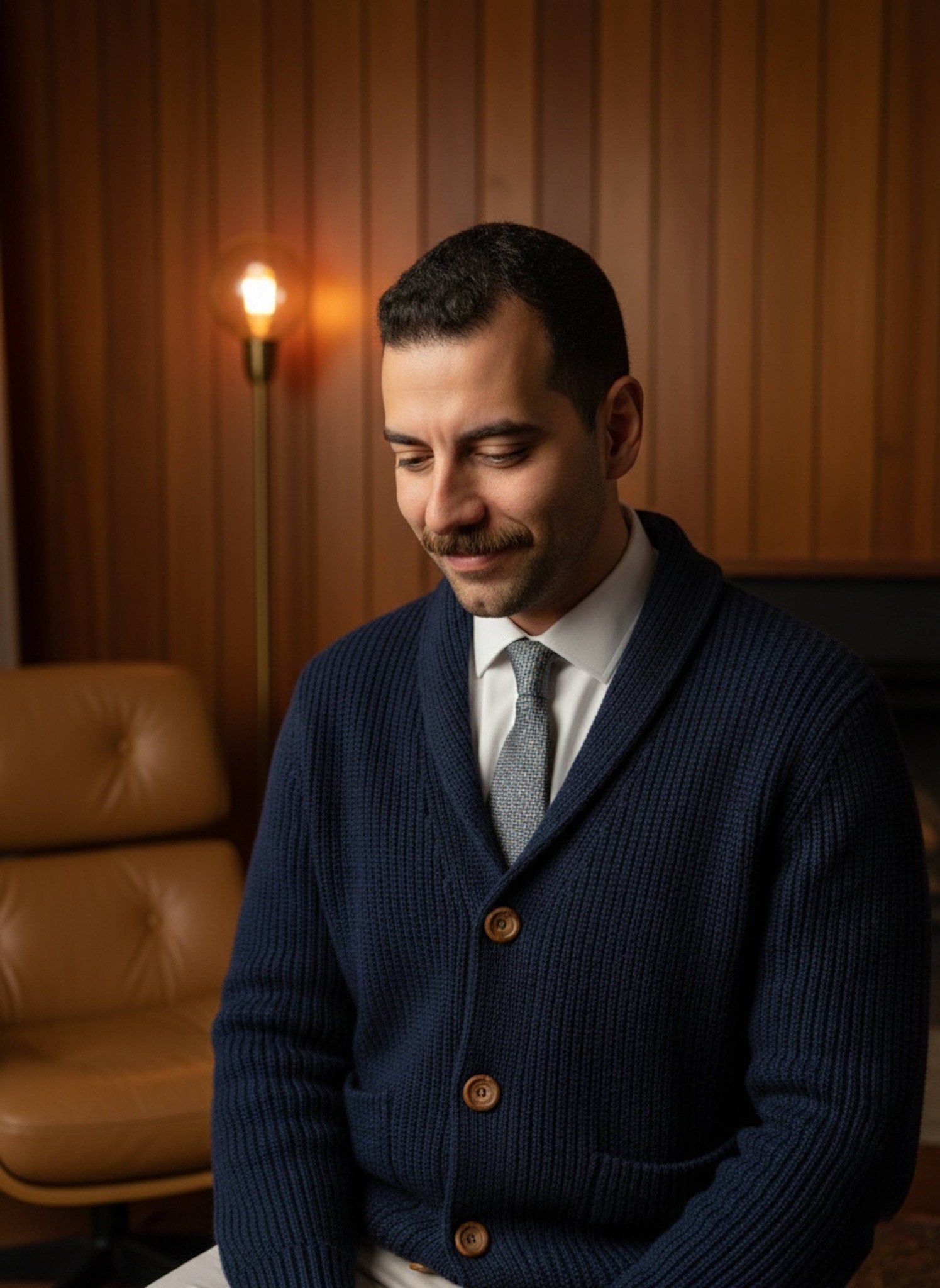 Person in a mid-century modern living room with wood paneling, warm Nordic decor, and soft natural lighting