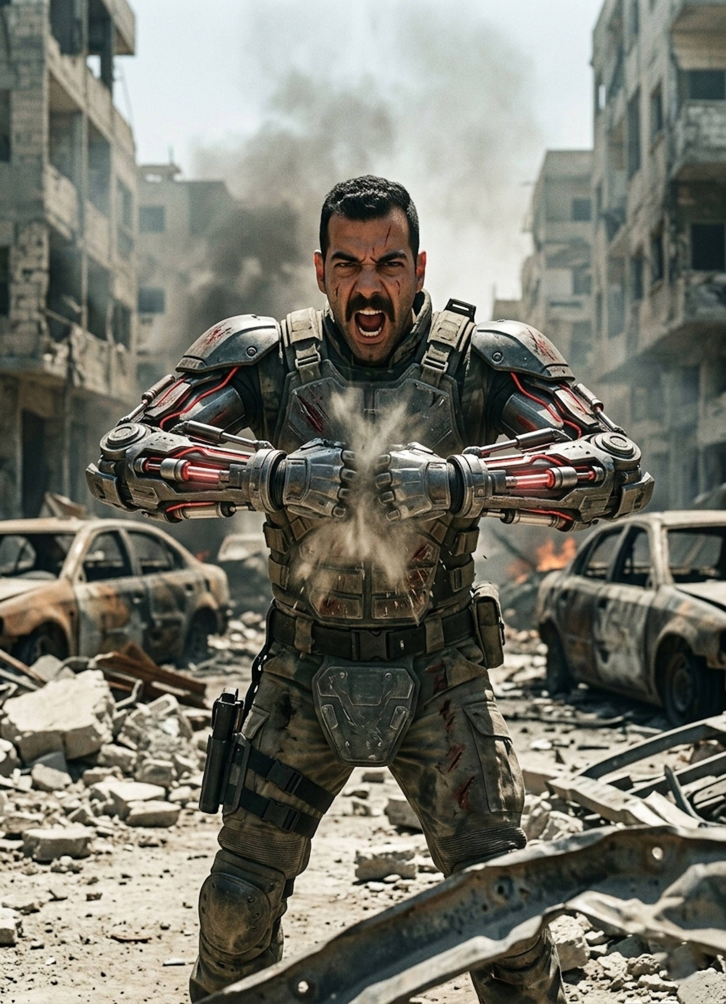 Hyper-realistic cyberpunk warrior in tactical armor with glowing neon implants in a rain-soaked dystopian city