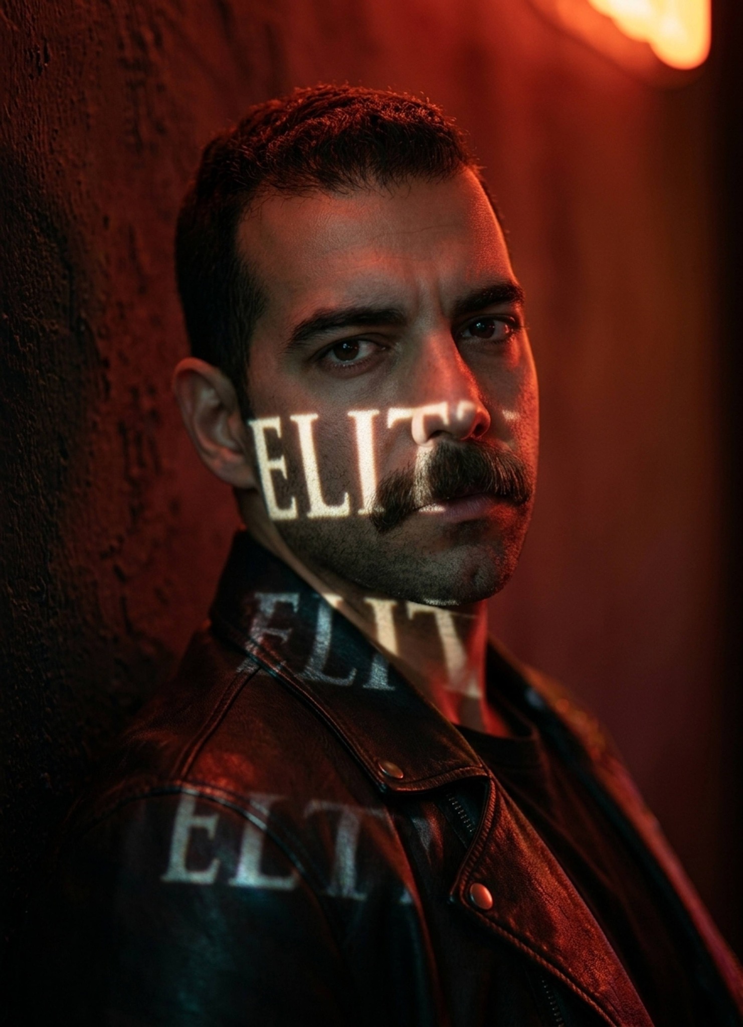 Cyberpunk editorial portrait in a black liquid-metal bodysuit with holographic patterns against a chrome megacity