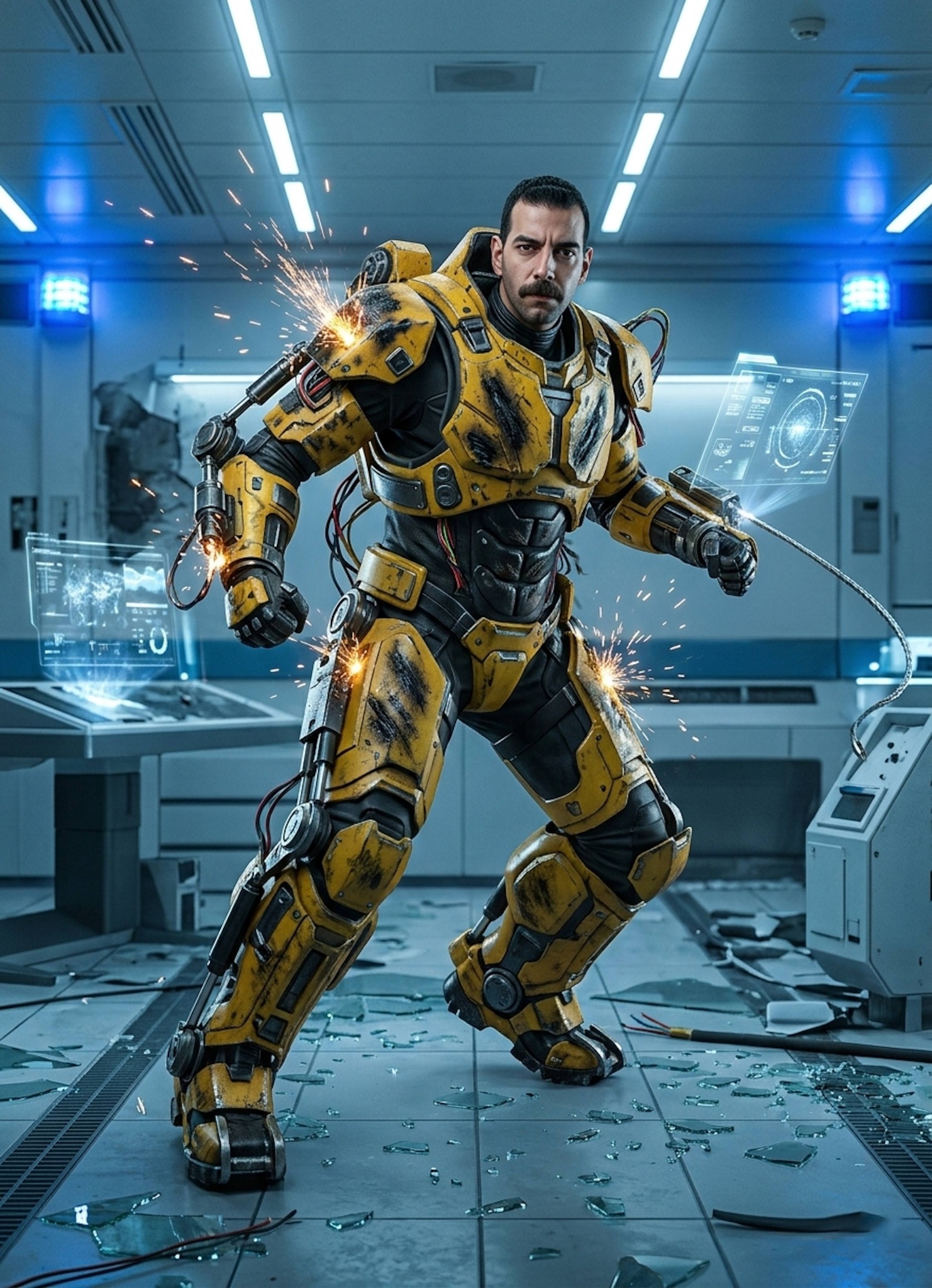 Hyper-realistic portrait of an exosuit warrior with battle damage and glowing chest core on an apocalyptic battlefield