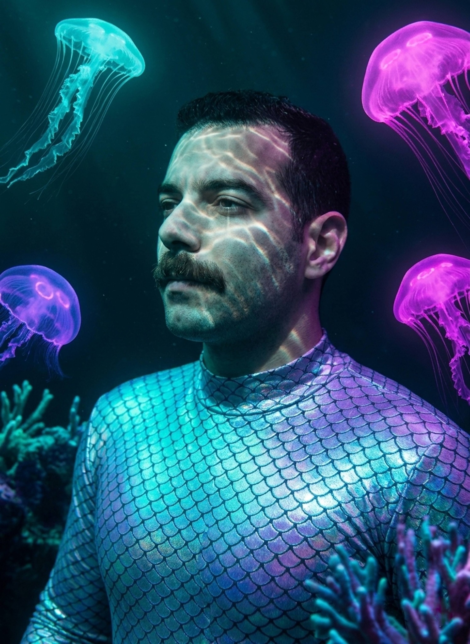 Cinematic portrait of a diver in a transparent suit surrounded by bioluminescent jellyfish and glowing plankton