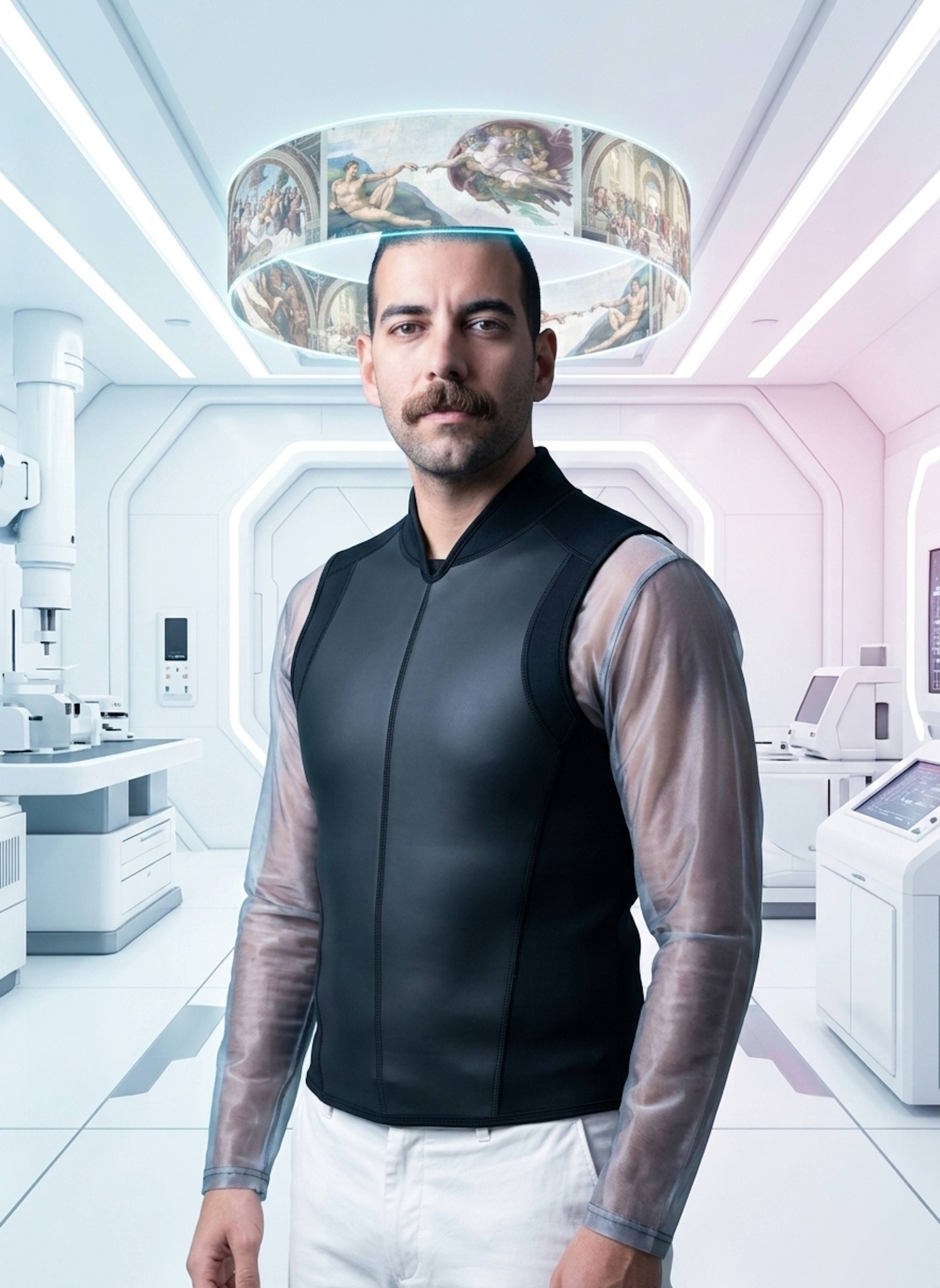 Portrait blending Renaissance statue pose with cyberpunk neon jacket against classical columns and holograms