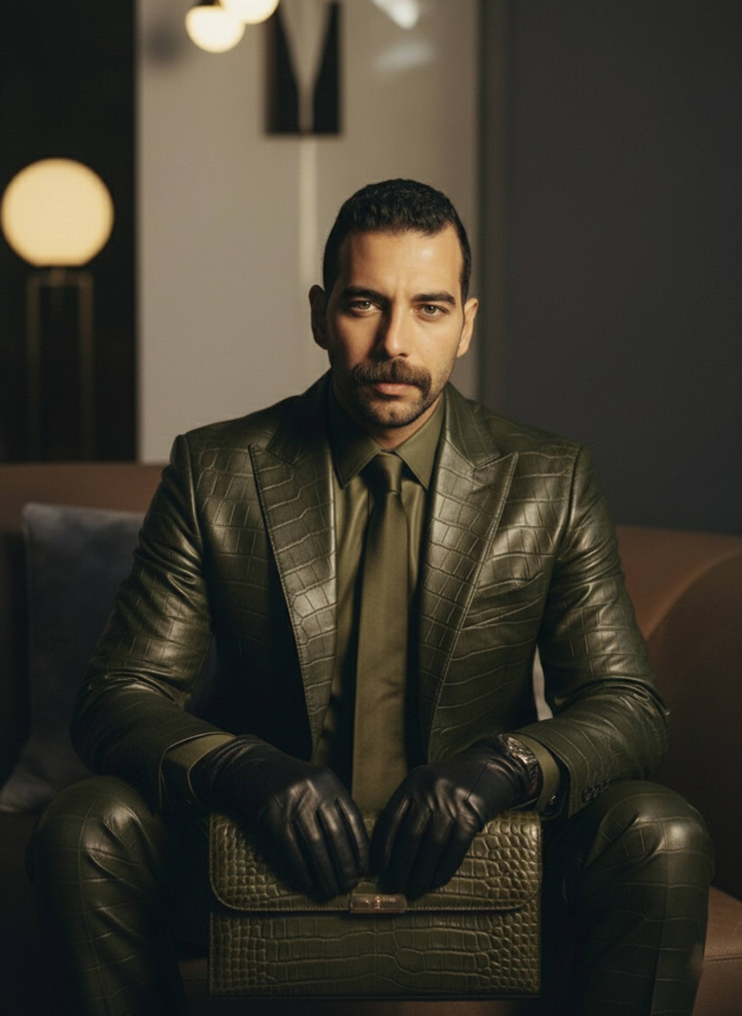 Hyper-realistic portrait of a person in olive crocodile leather seated deep in a charcoal sofa in a luxury lounge