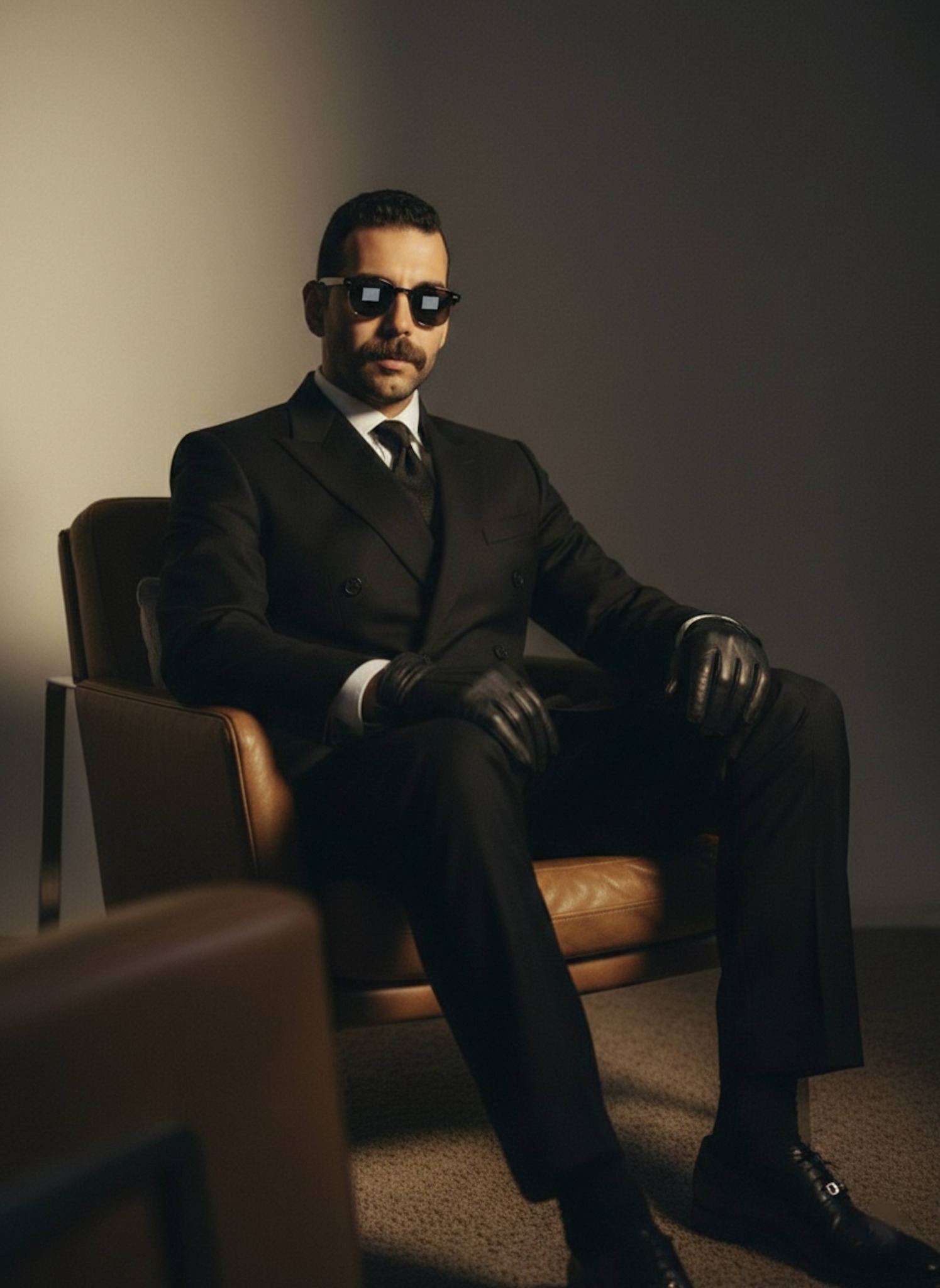 Polished studio portrait of a person in a black double-breasted wool suit in a brown leather chair against ivory wall