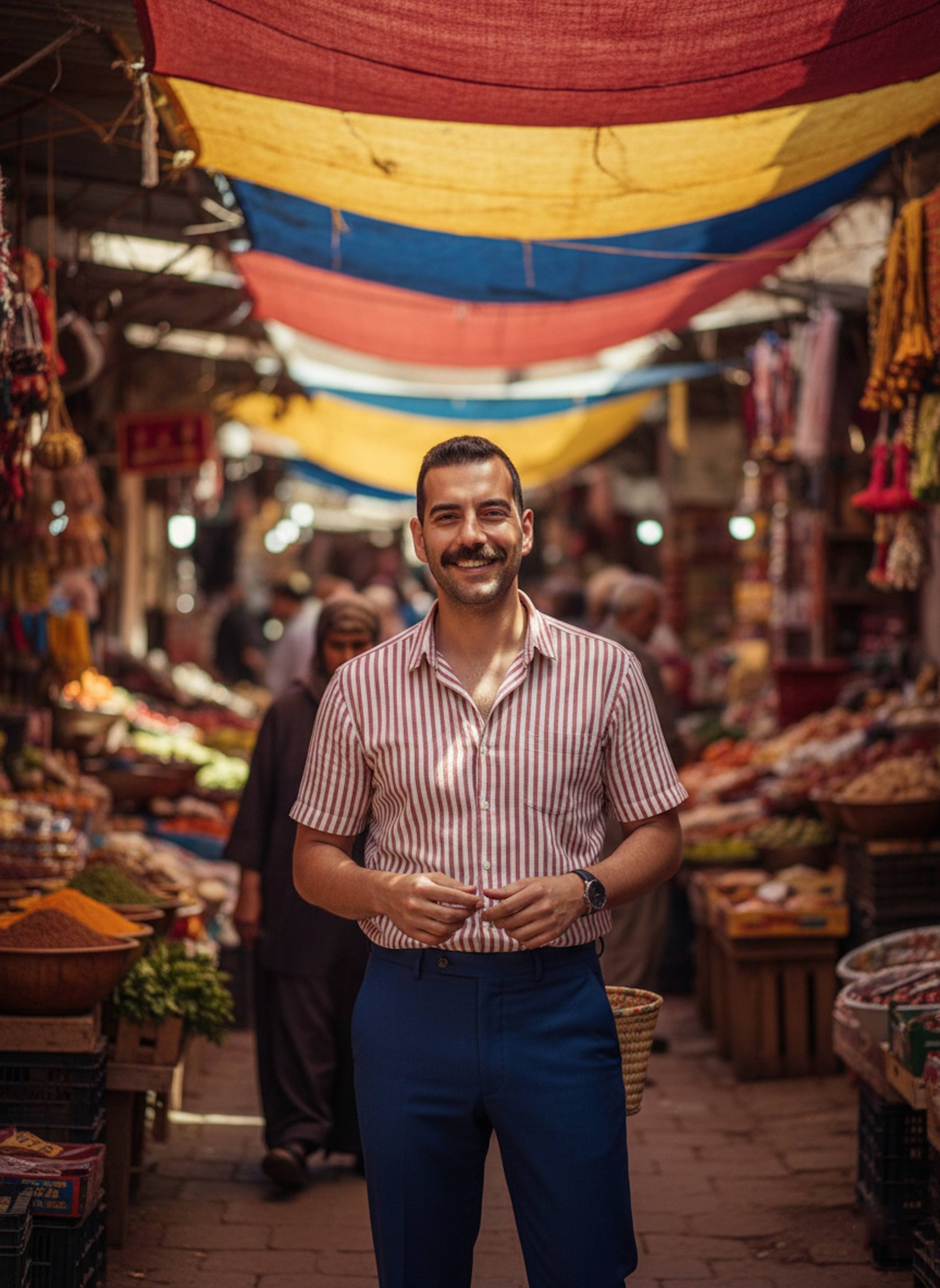 Person at a vibrant traditional village market in high-contrast dappled sunlight with colorful stalls and warm atmosphere