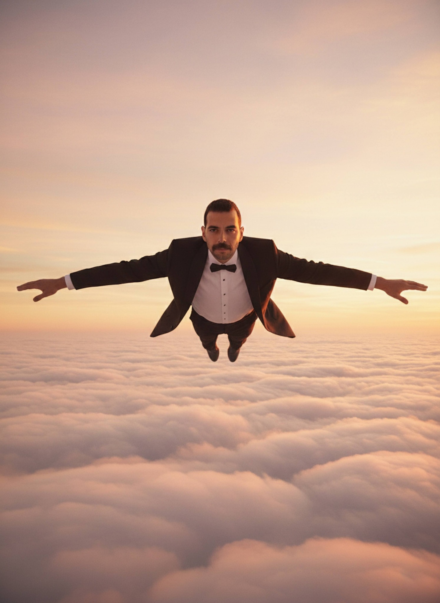Ethereal portrait of a person floating weightlessly in a dreamy sunset sky above soft peachy-pink clouds
