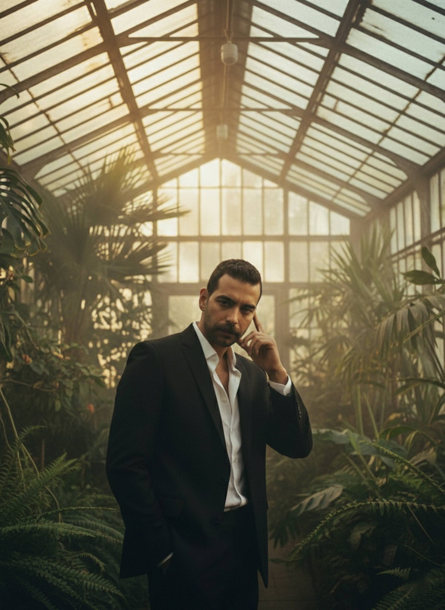 Cinematic portrait inside a glass greenhouse conservatory with lush tropical plants and moody lighting