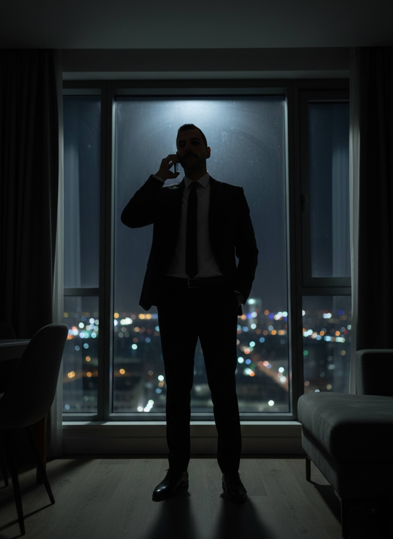 Ominous low-angle silhouette portrait of a person in a suit by a window in a dark apartment with city lights