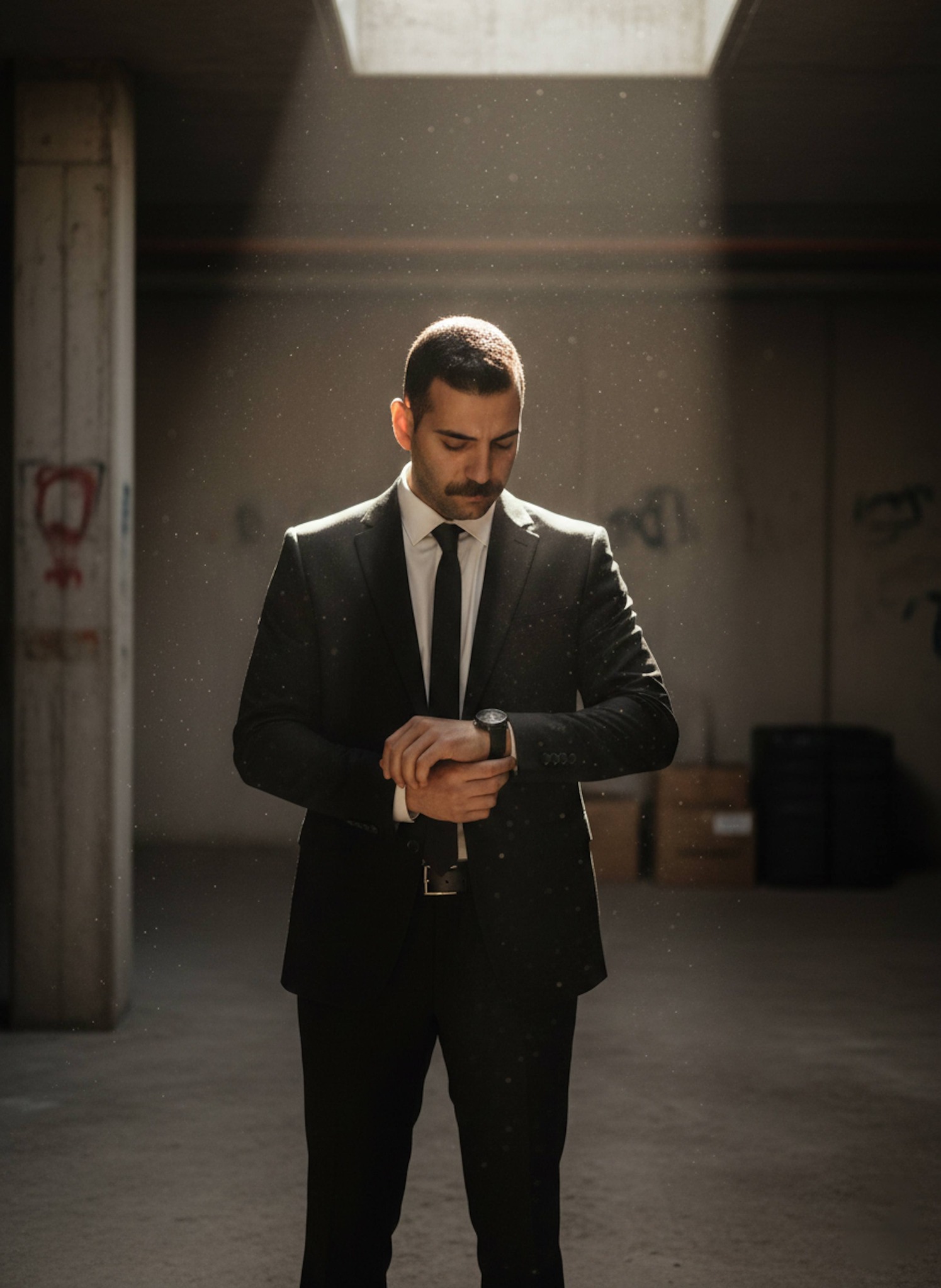 Moody medium shot of a person in a black suit adjusting a watch in a concrete basement with a shaft of light