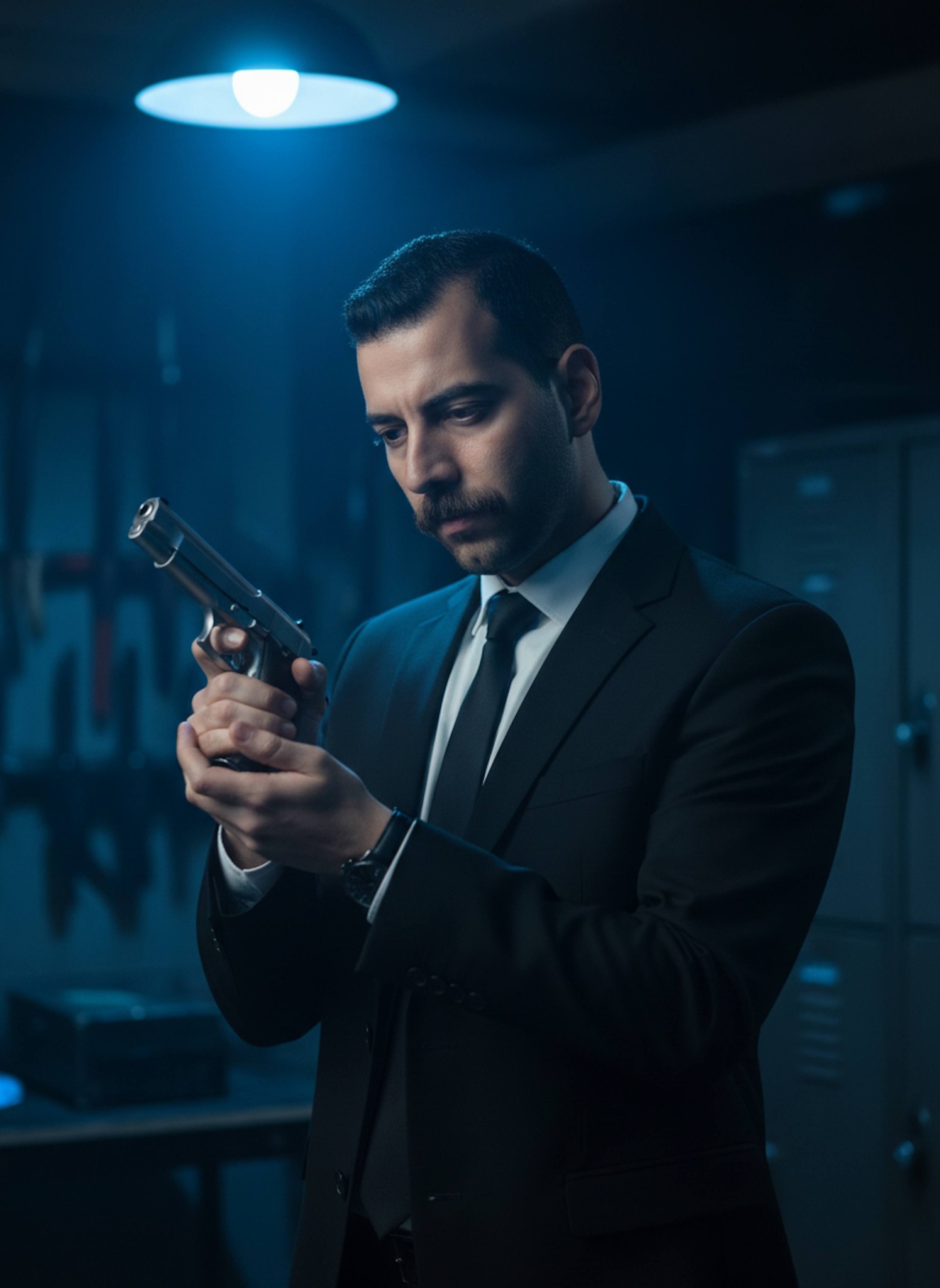 Cinematic medium close-up of a person in a black suit inspecting equipment in a dimly lit armory with blue light