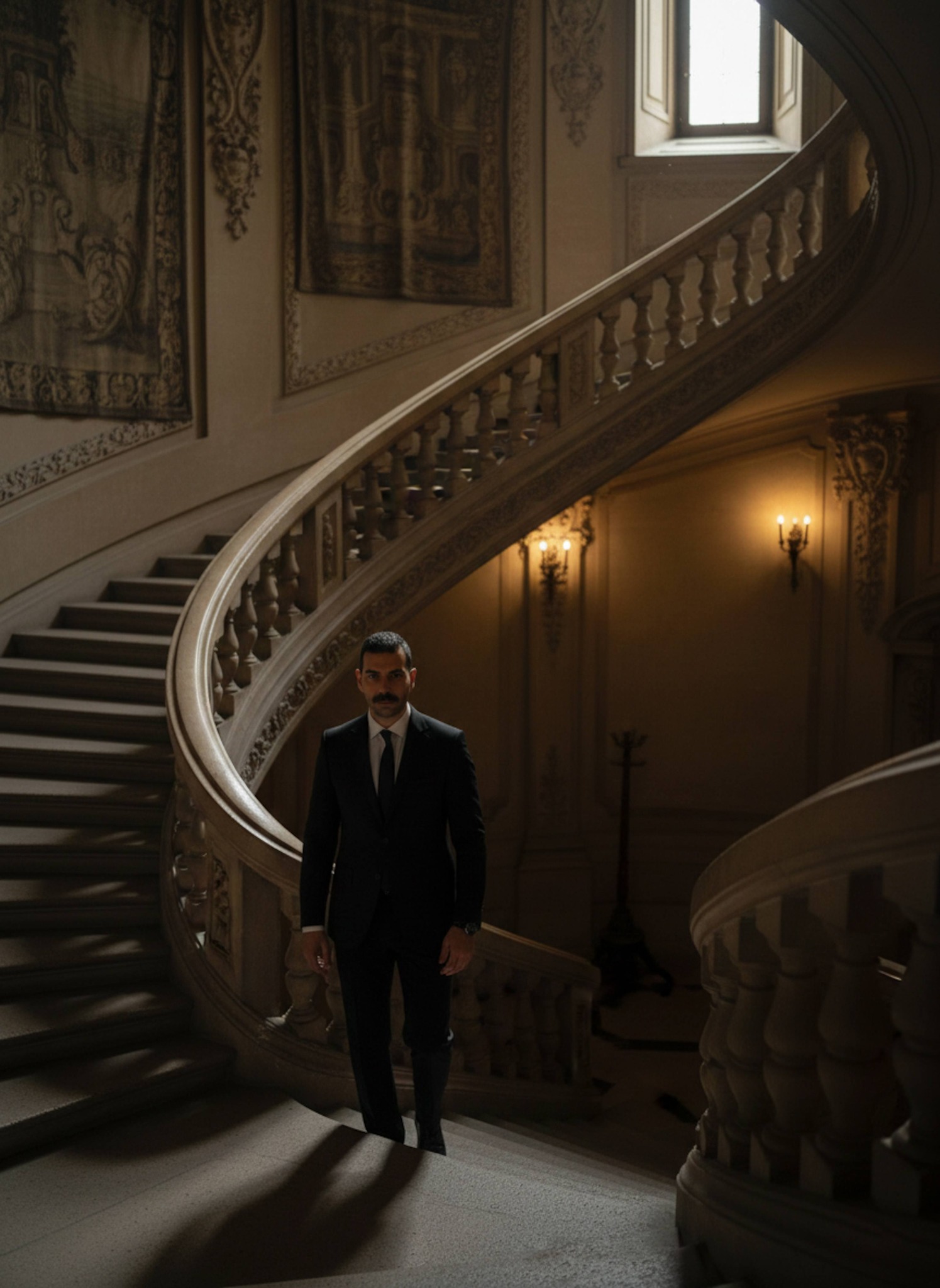 Cinematic portrait of a person in a black suit descending a spiral staircase in a shadowed opulent mansion