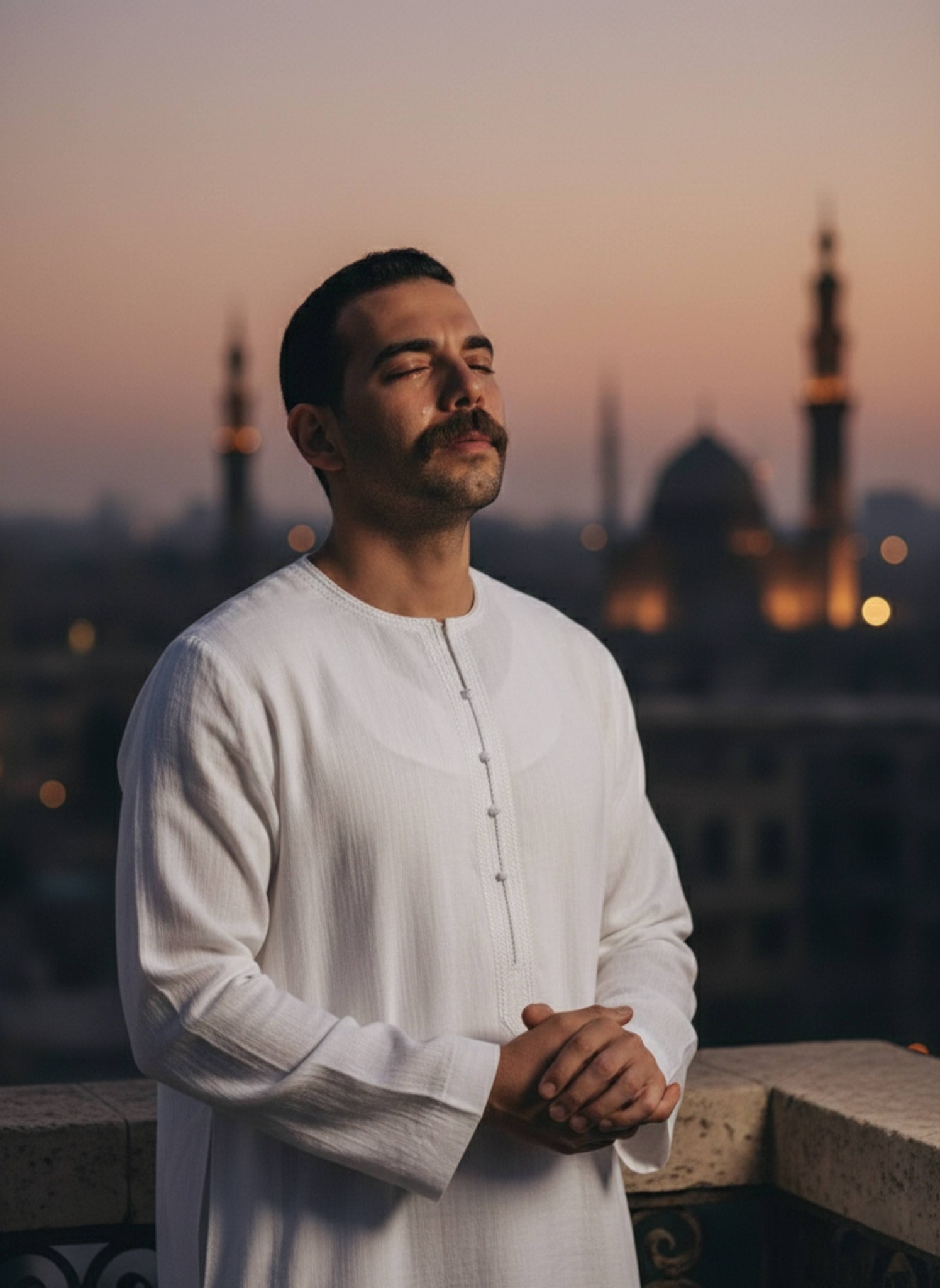 Spiritual close-up portrait of a person in a white galabeya listening to the Maghrib Adhan on a Cairo balcony at dusk
