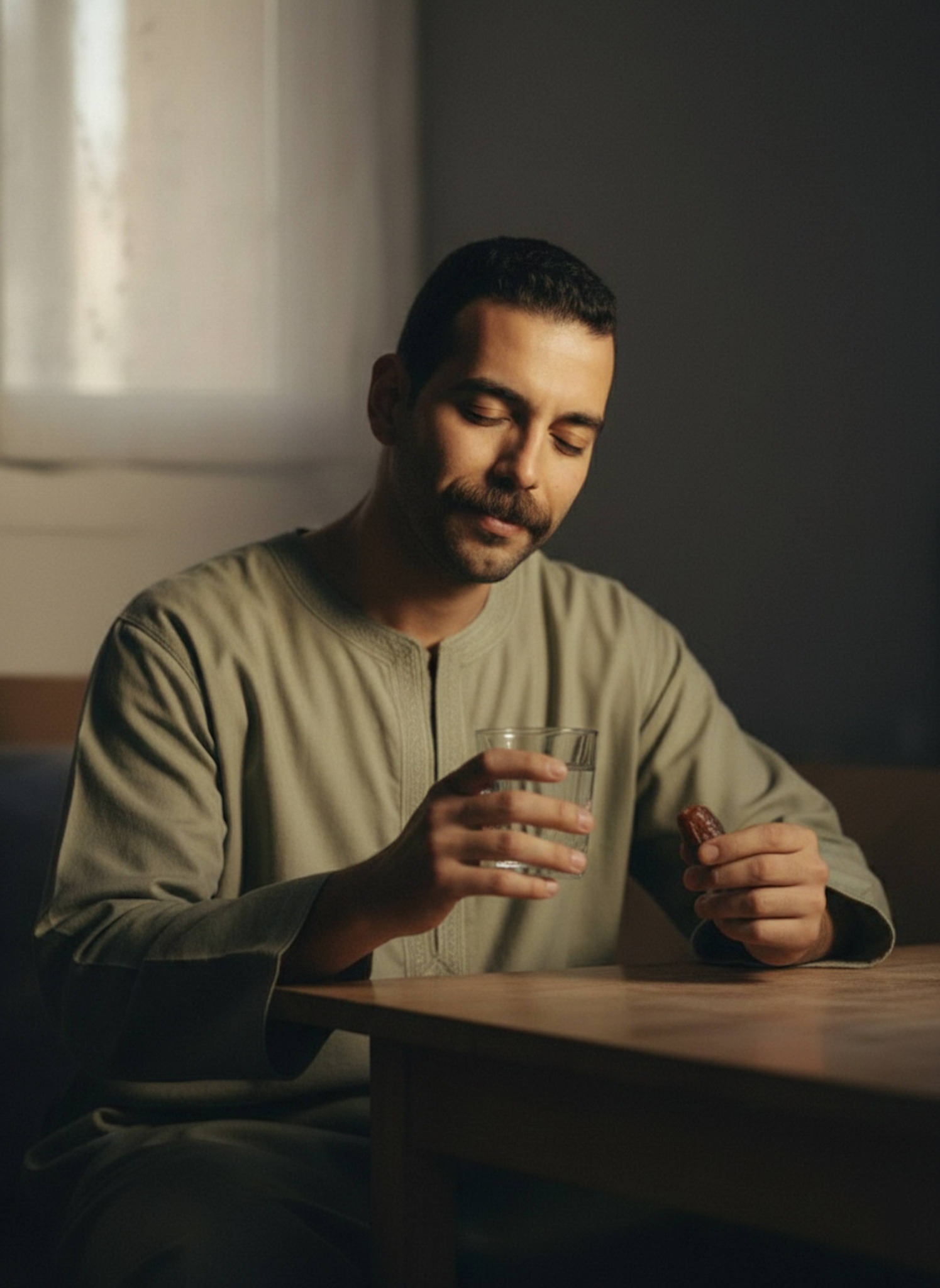 Intimate portrait of a person with closed eyes holding dates and water at an iftar table during Maghrib
