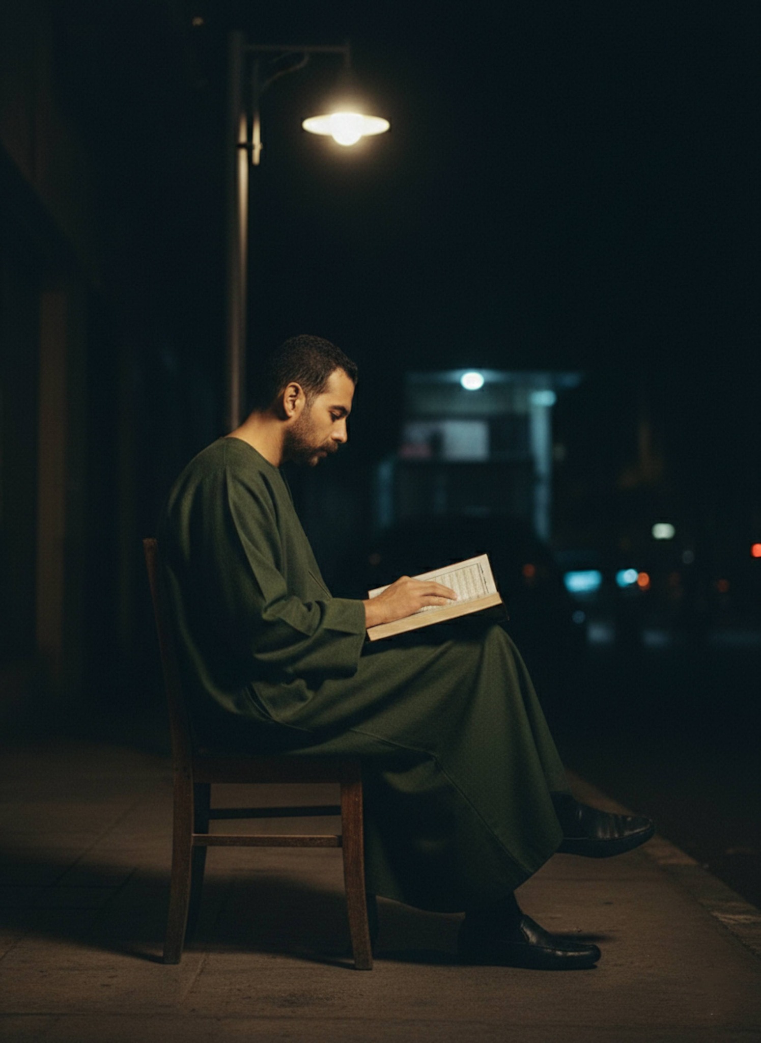 Profile portrait of a person reading the Quran under a street lamp at night in a dark green galabeya