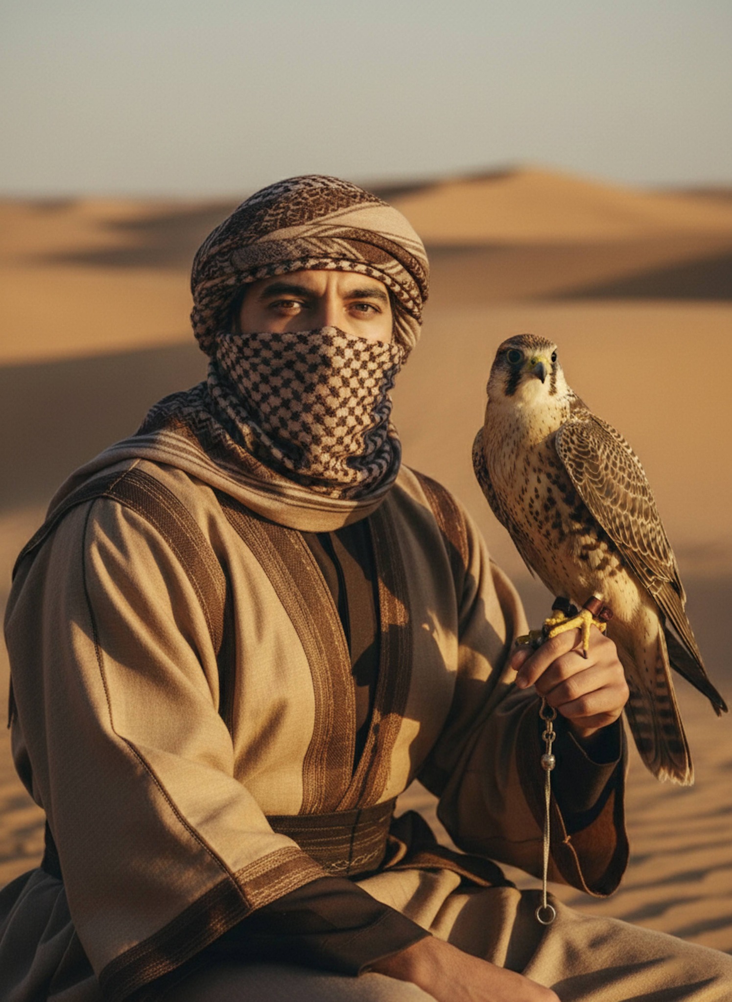Ultra-realistic portrait of a person in a patterned desert headscarf with a falcon at golden sunset