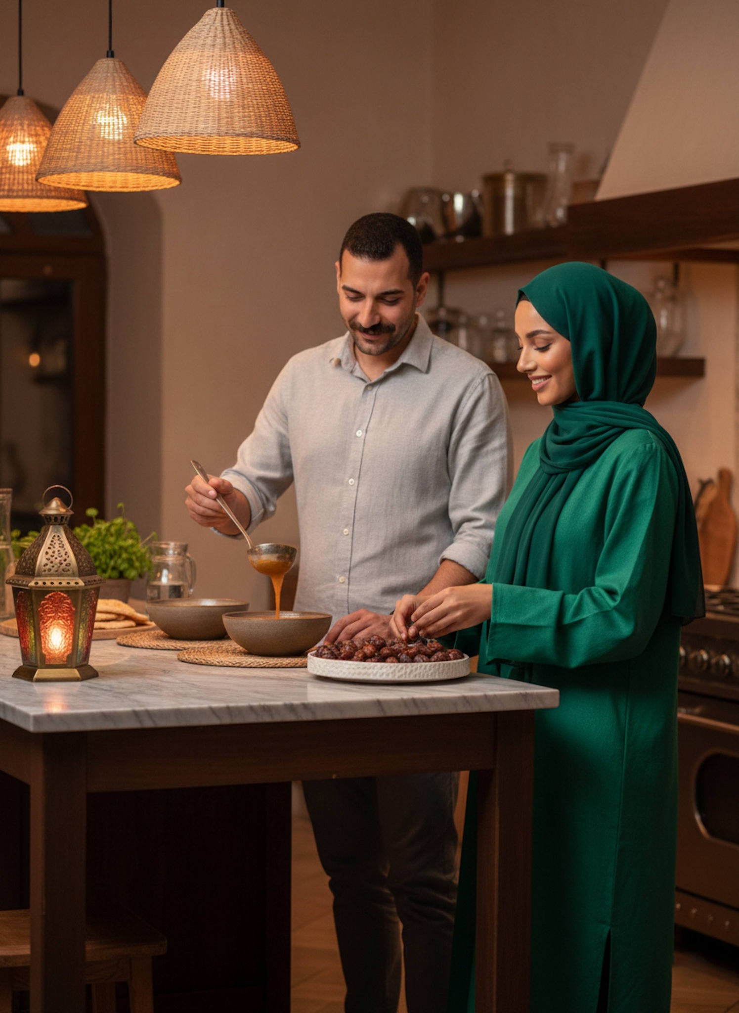 Couple standing together at a rustic kitchen counter preparing food in warm golden light with intimate atmosphere