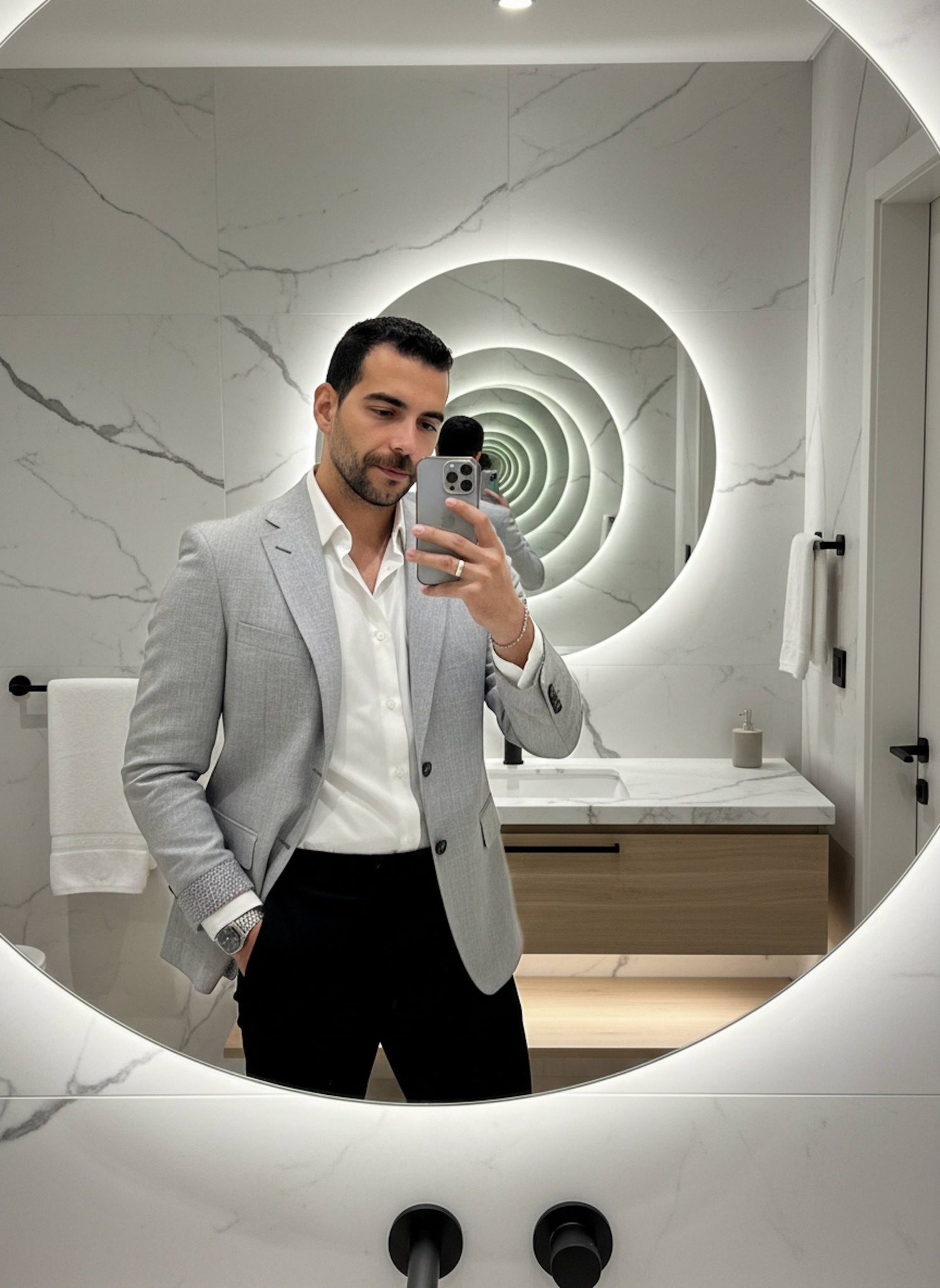 Hyper-realistic 8K mirror selfie in a luxurious minimalist bathroom with white marble walls and black veining