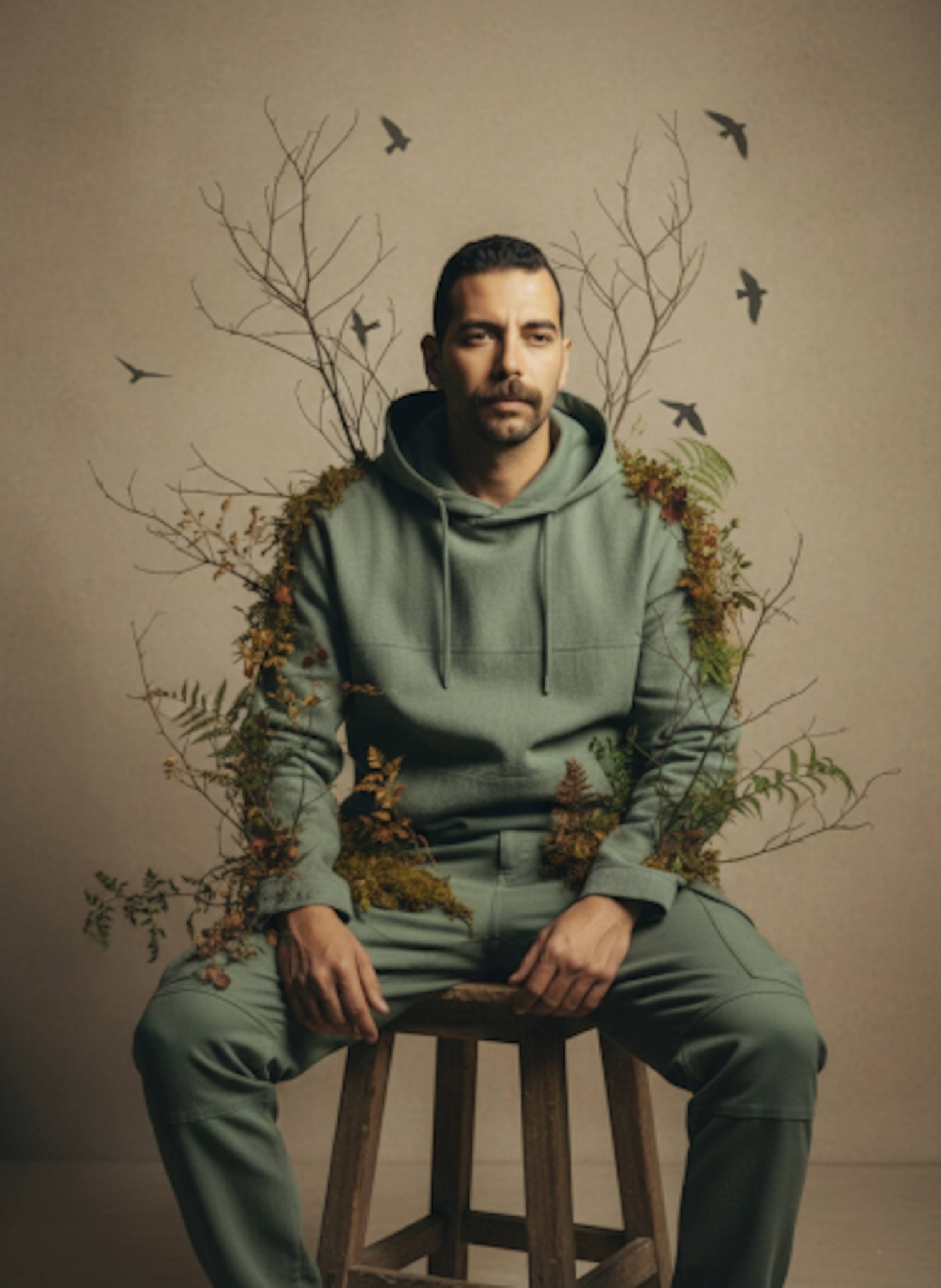 Artistic portrait of a person on a wooden stool with tree branches and foliage blending into their body with flying birds
