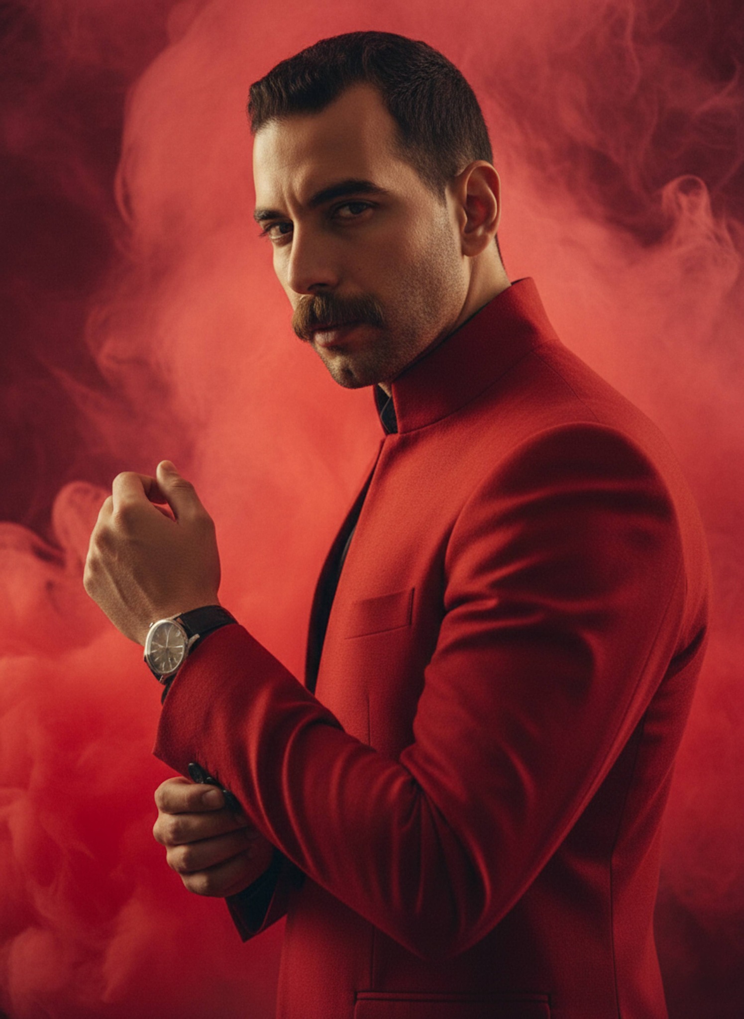 Dramatic fashion portrait of a person in a red high-collar jacket surrounded by thick swirling red smoke