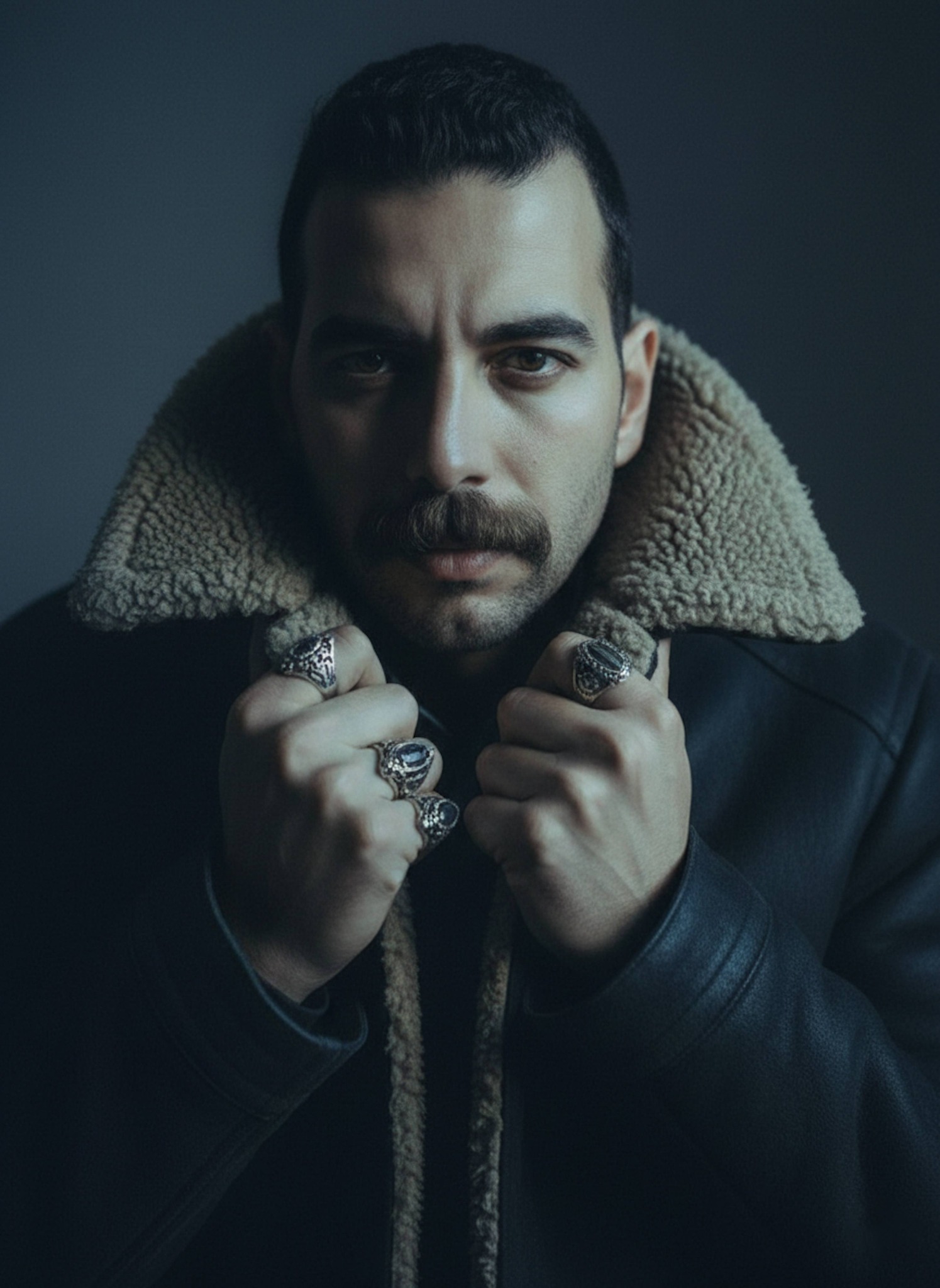 Melancholic close-up portrait peeking over a sherpa jacket collar with gothic silver rings and cool-toned lighting