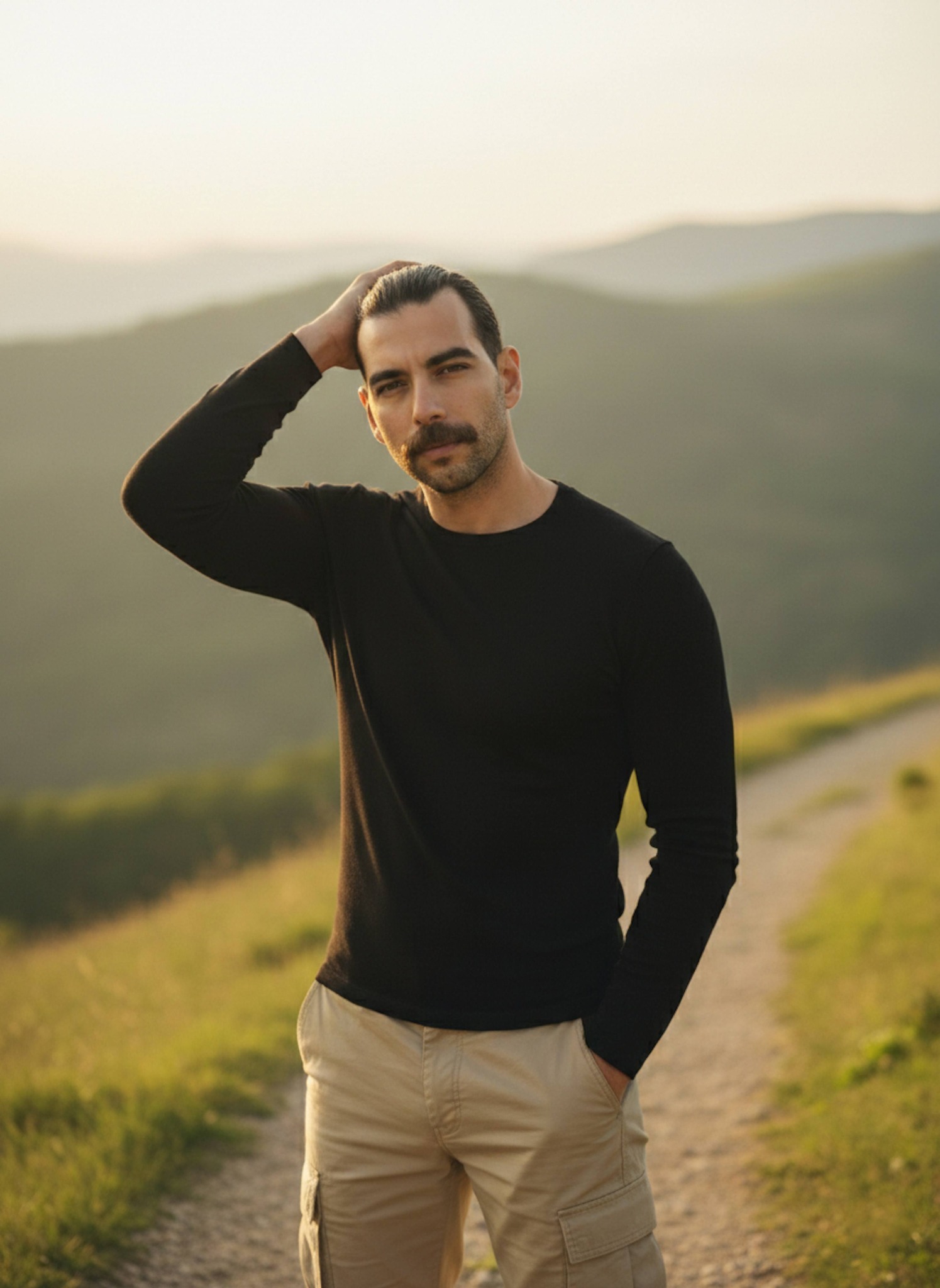 Hyper-realistic portrait of a confident hiker on a mountain trail at golden hour in a black shirt and cargo pants