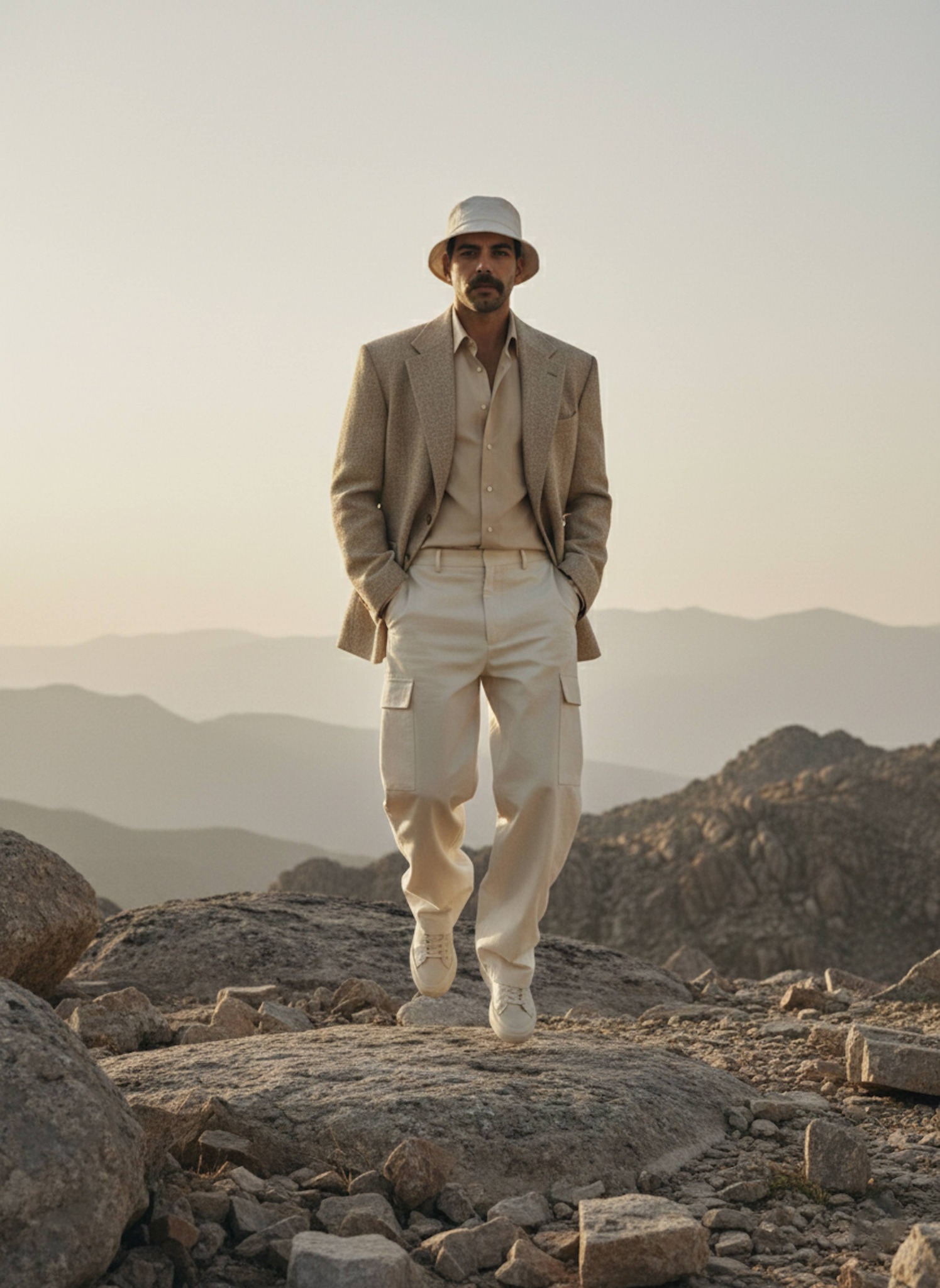 High-fashion editorial portrait on rocky mountain terrain wearing an oversized beige blazer and cream cargo pants