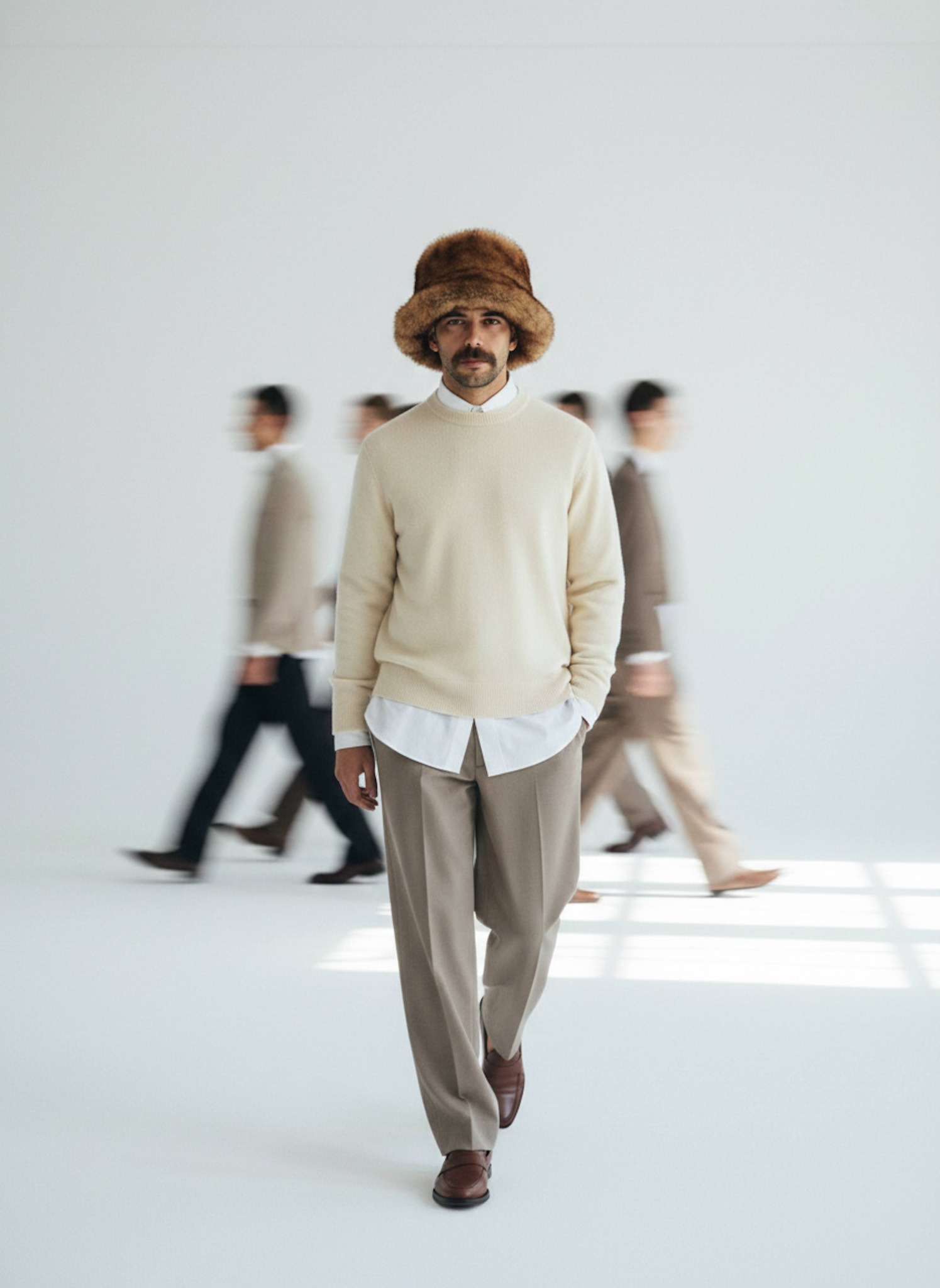 Minimalist fashion portrait of a person in a fur bucket hat walking in a white studio with blurred figures behind